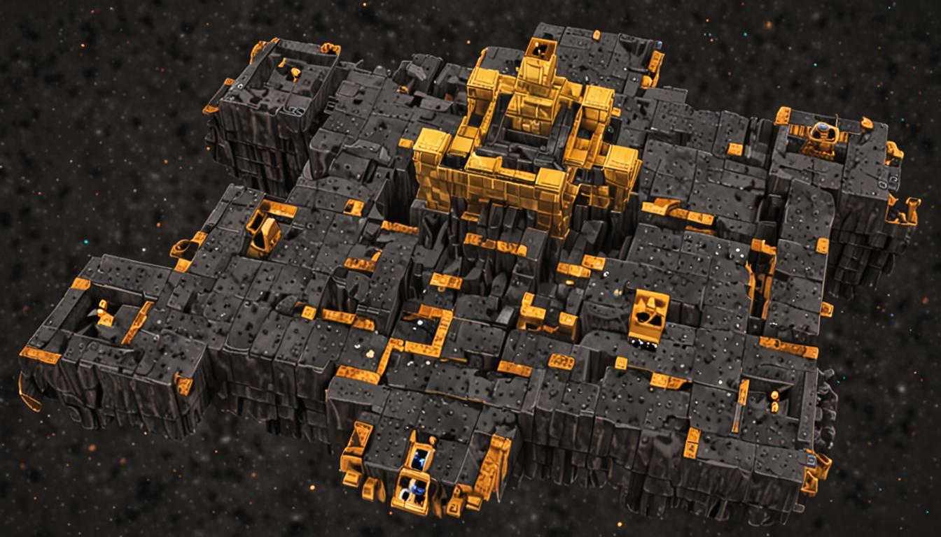 A Minecraft-style platforming puzzle scene viewed from above showing multiple floating blocky platforms arranged in the distinctive shape of a golden crown, suspended over a dark void or lava pit. The platforms are made of various Minecraft blocks including gold blocks, stone bricks, and glowing end stone, each platform roughly 3x3 blocks in size with pixelated textures. A blocky Minecraft character with blonde hair (Jolene) is mid-jump between platforms with enchanted particle effects trailing behind her indicating a bounce-boost potion effect, rendered in purple and white pixelated sparkles. A second Minecraft player character is carefully positioned on one of the crown-shaped platforms, having successfully navigated the first three platforms in sequence. The crown pattern is clearly visible with five main points and connecting platforms forming the base, all rendered in Minecraft's signature cubic, pixelated style. Golden block particles and ambient lighting create a warm glow around the crown-shaped puzzle structure. The scene has dramatic lighting with torches or glowstone blocks placed strategically on some platforms, casting blocky shadows. In the background, dark Minecraft dungeon walls made of mossy cobblestone and cracked stone bricks frame the puzzle area. The atmosphere suggests a challenging dungeon puzzle created by the villainous Zombie Lord Brainless, with ominous purple and green particle effects floating in the air, and the entire scene maintaining Minecraft's iconic low-resolution, voxel-based aesthetic with sharp edges and no curved surfaces.