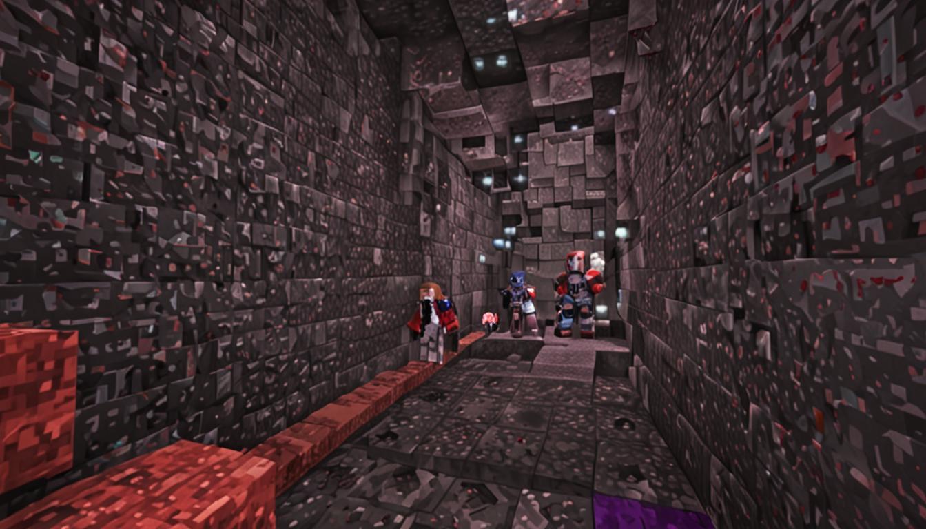 A dark, foreboding Minecraft Nether fortress interior with blocky, pixelated stone brick corridors stretching into shadowy depths. Two blocky Minecraft characters stand in the tunnel - one appears to be checking on the other after crossing a dangerous gap. The pixelated stone walls are made of dark red and purple Nether brick blocks with a rough, cubic texture. Ominous shadows fill the deeper sections of the corridor, with barely visible pathways leading further into darkness. In the foreground, a Minecraft player character holds two distinct glass potion bottles in their blocky cubic hands - one glowing bright orange-red for strength with swirling particle effects, and another shimmering light blue for speed with wispy trails. The potions have the classic Minecraft bottle shape with cork stoppers, rendered in pixelated blocky style. Faint green zombie particles and dark smoke effects drift through the air from the distant tunnels, suggesting approaching danger. The lighting is dim and atmospheric, with subtle orange-red glow from lava sources creating dramatic shadows on the cubic brick walls. The characters have typical Minecraft player model proportions with blocky heads, rectangular bodies, and cube-shaped limbs. Small torch lights mounted on walls cast flickering yellow light that barely penetrates the oppressive darkness ahead, creating an tense, foreboding atmosphere of impending confrontation deep within the fortress depths.