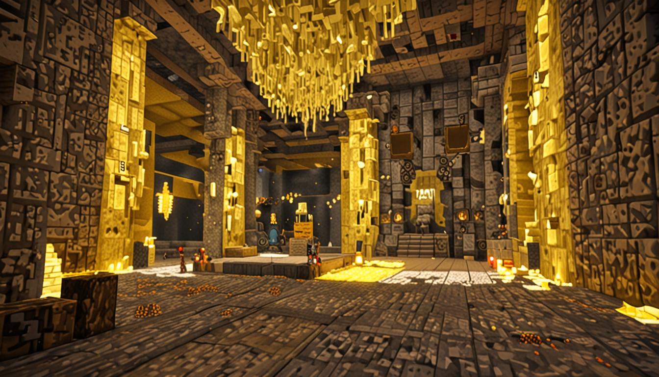 A massive Minecraft throne room interior with towering walls and a high ceiling constructed from pixelated stone brick blocks interspersed with glowing glowstone blocks, casting eerie yellow illumination throughout the cubic space. At the center, an imposing blocky Minecraft zombie character sits upon a throne constructed entirely of stacked hay bale blocks - this is Zombie Lord Brainless, rendered larger than a standard Minecraft mob with characteristic green rotting pixelated skin texture, tattered purple clothing, and blocky limbs. Atop his cubic head rests a crooked golden crown crafted in Minecraft's signature blocky style, with jagged pixelated edges and metallic golden texture gleaming in the glowstone light. Clutched in the zombie lord's blocky hand is the Blonde Braid of Infinity, a unique Minecraft-style item appearing as a long, intricately woven golden braid with a radiant magical glow emanating from it, casting additional golden light particles in the surrounding air. The braid features detailed pixelated strands twisted together, shimmering with enchantment effects similar to Minecraft's enchanted item animations. The entire scene maintains Minecraft's distinctive low-resolution, voxel-based aesthetic with sharp edges, cubic forms, and pixel-perfect textures. The stone brick walls show subtle variations in gray tones with the characteristic Minecraft brick pattern, while the glowstone blocks create bright yellow square light sources in the ceiling. The atmospheric lighting creates dramatic shadows across the blocky floor, emphasizing the ominous and betrayal-themed mood of this pivotal confrontation scene, with the golden magical light from the braid contrasting against the eerie yellow glowstone illumination.