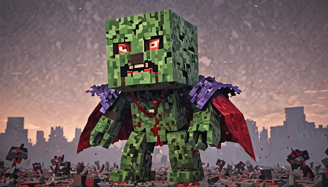 A menacing Minecraft zombie lord character with distinctive blocky, pixelated features stands in the center of a dark, ominous scene, his cubic head tilted upward with glowing bright red square eyes widened in surprise and malicious amusement. His rotting green blocky skin shows tears and patches, with a tattered purple cape draped over his angular shoulders. His mouth is open mid-laugh, revealing darker pixels suggesting decay. The zombie lord's body is composed of classic Minecraft cubic segments, with outstretched blocky arms gesturing dramatically. Surrounding him are multiple transformed villager zombies in various poses, their normally brown-robed blocky bodies now showing greenish decay, with their characteristic large cubic noses and empty glowing eyes. These zombie villagers stand in a semi-circle formation, their blocky mouths open in synchronized moaning positions, creating an eerie chorus effect. The scene is illuminated by dim torchlight casting dramatic shadows across the pixelated ground, with particles of green decay and purple corruption effects floating in the air. Dark stone brick walls frame the background, covered in pixelated moss and cracks. The atmosphere is thick with an evil purple-green fog effect rendered in Minecraft's characteristic blocky particle style, while redstone dust particles sparkle ominously near the zombie lord's feet, suggesting dark magical powers at work.