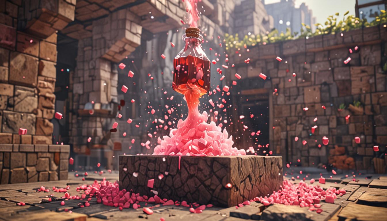 A Minecraft-style brewing stand scene captured at the moment of disaster, showing a blocky, pixelated glass potion bottle falling through the air toward a rough stone block floor, with bright pink liquid and cubic smoke particles erupting from it. The bottle has the characteristic Minecraft angular design with sharp edges and flat surfaces, glowing intensely with hot orange and red pixelated heat effects emanating from its blocky surface. Three empty glass potion bottles sit on a dark oak wood brewing stand in the background, their transparent blocky forms catching dim light. The pink potion mixture inside the falling bottle is rendered in bright magenta pixels with white cubic bubbles and fizzing particle effects bursting outward in geometric patterns. Thick, blocky smoke clouds in white and gray pixels rise upward in chunky, angular formations. The stone floor below is made of classic Minecraft cobblestone blocks with their distinctive gray, rough texture and square pattern, positioned to show the imminent impact point. The lighting creates dramatic shadows across the angular surfaces, with warm orange and red glowing effects from the overheating potion contrasting against the cool gray stone environment. Small cubic particle effects scatter around the scene suggesting heat, danger, and magical instability. The entire composition maintains the characteristic low-resolution, voxel-based aesthetic of Minecraft with sharp angles, flat color planes, and pixelated textures throughout, capturing the tense moment of brewing gone wrong in a dungeon or basement laboratory setting with dim ambient lighting and ominous atmosphere.