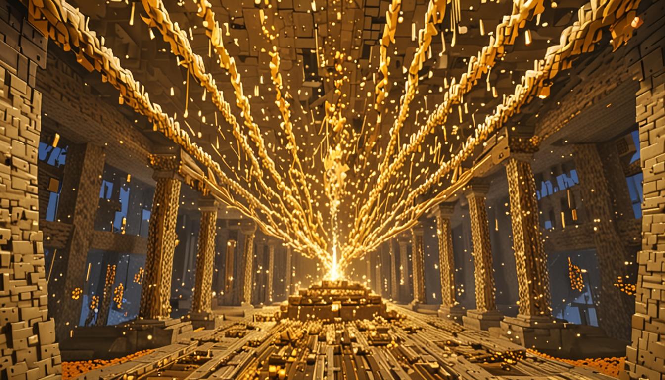 A dramatic Minecraft scene showing a massive, ornate blonde-colored braid structure erupting with intense golden particle effects and bright yellow light beams radiating outward in a blocky, pixelated explosion. The braid is constructed from golden-yellow wool blocks woven together in an intricate braided pattern, floating in mid-air and emitting brilliant golden sparkles and light particles. Below the exploding braid, several Minecraft villager characters stand in various poses of awakening and confusion - their blocky bodies showing the green tinted texture fading away and returning to normal tan-brown villager skin tones. Goldilocks, a female Minecraft character with distinctive long blonde blocky hair in a braid style, stands in the center with a confused expression on her cubic face, her arms raised slightly in bewilderment. Golden thread-like particle trails that previously connected the villagers to the massive Blonde Braid are dissolving into golden dust particles and disappearing into the air. The scene is set in a Minecraft village environment with blocky cobblestone paths and wooden structures visible in the background. Other villagers around Goldilocks are shown mid-animation, rubbing their blocky heads and looking around disoriented, their green-tinted skin textures visibly transitioning back to normal brown tones. The atmosphere is filled with floating golden particles, bright yellow and white light effects, and a sense of magical energy dissipating, all rendered in the characteristic cubic, pixelated Minecraft art style with sharp edges and blocky textures throughout.