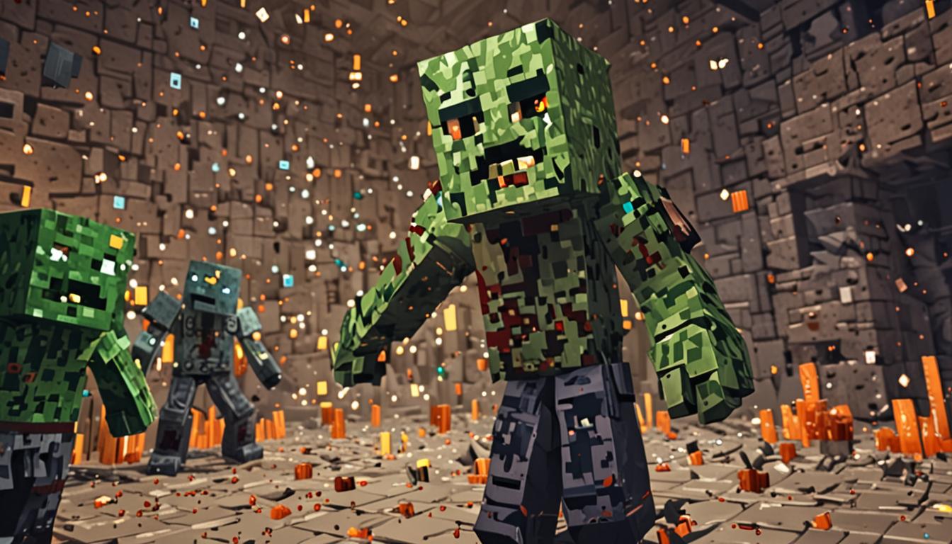 A chaotic Minecraft dungeon scene with a zombie villain covered in glittering, sparkling particles, mid-sneeze with exaggerated blocky animation effects. The zombie character has the distinctive Minecraft cubic head and body, with green pixelated skin texture, stumbling and tripping with motion blur effects showing his uncoordinated movement. Around him, several zombie guards in various states of sneezing, their blocky bodies bent over, with sparkle particle effects obscuring their vision—golden and silver glitter particles floating densely in the air creating a shimmering fog. In the foreground, two Minecraft player characters running away hand-in-hand—one with blonde blocky hair (Jolene) and another player character, both rendered in classic Minecraft Steve/Alex style with cubic bodies and pixelated clothing textures. Behind them, a group of Minecraft villagers with their characteristic large noses and brown robes fleeing in the same direction. The dungeon environment features dark stone brick walls with torch lighting casting dramatic shadows, creating an atmosphere of frantic escape. Sparkle and glitter particle effects dominate the scene, creating a magical chaos with hundreds of shimmering cubic particles floating through the air, making it difficult to see clearly. The zombie villain's mouth is open in a sneeze pose, with his blocky arms flailing as he attempts to chase but stumbles over his own cubic feet.