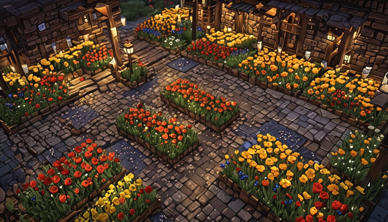 A Minecraft village square at night illuminated by warm glowing lanterns hanging from wooden posts and scattered across cobblestone pathways, with pixelated flower arrangements of red roses, yellow dandelions, and blue orchids decorating the blocky terrain. Multiple wooden tables crafted from oak planks are laden with stacks of blocky bread loaves, pixel-art cookies arranged in neat rows, and tiered cakes with white frosting and red decorative elements. Colorful note blocks in various wood tones sit on the ground emitting musical particle effects, while blocky villager characters with their characteristic large heads and robed bodies dance in celebratory poses around the square. In the foreground, two special medals crafted from golden wheat items are woven into intricate star shapes with a shimmering metallic texture, one pinned to a purple or blue wizard's robe that shows a darker purple potion stain splash effect near where the medal is attached. The scene captures a festive nighttime celebration with warm orange and yellow lighting from the lanterns contrasting against the dark blue night sky, creating a cozy and triumphant atmosphere in the classic Minecraft blocky, voxel-based art style. Village buildings with their characteristic peaked roofs and wooden beams frame the square in the background, with warm light glowing from their blocky windows.
