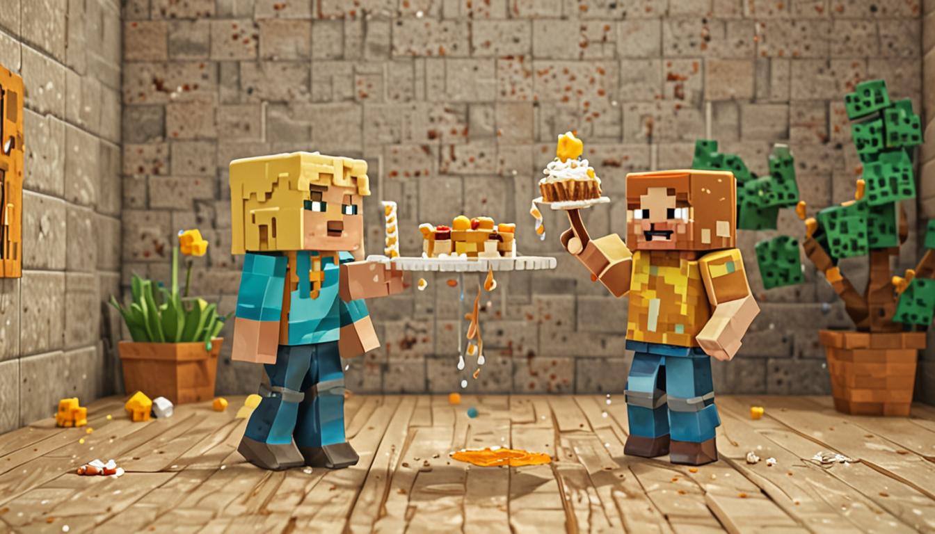 A vibrant Minecraft scene showing two blocky characters celebrating together in a pixelated environment. The main focus is on two rectangular plates, each holding a perfectly cubic slice of cake with distinct honey-colored frosting layers in classic Minecraft blocky style. One character, Jolene, has a bright, bouncing posture with characteristic Minecraft player model proportions, featuring blocky limbs and a square head. The second character stands nearby, both rendered in the signature voxel-based Minecraft aesthetic. Between them, visible in the air, are faint pink sparkle particle effects reminiscent of Minecraft potion effects, creating a magical atmosphere. The cake slices feature golden-yellow honey frosting on top of white fluffy cake layers, all rendered in chunky, pixelated blocks. The scene captures a moment of friendship and celebration, with warm lighting that makes the honey frosting glisten. The background suggests a cozy Minecraft interior with blocky walls and soft ambient lighting. Both characters display happy expressions through simple pixelated faces, and the overall color palette includes warm yellows, soft pinks from the sparkle effects, whites from the cake, and the varied colors of the characters' blocky Minecraft skins. The plates are flat, rectangular Minecraft-style items, and every element maintains the game's characteristic low-poly, cubic aesthetic with visible pixel textures throughout the entire scene.