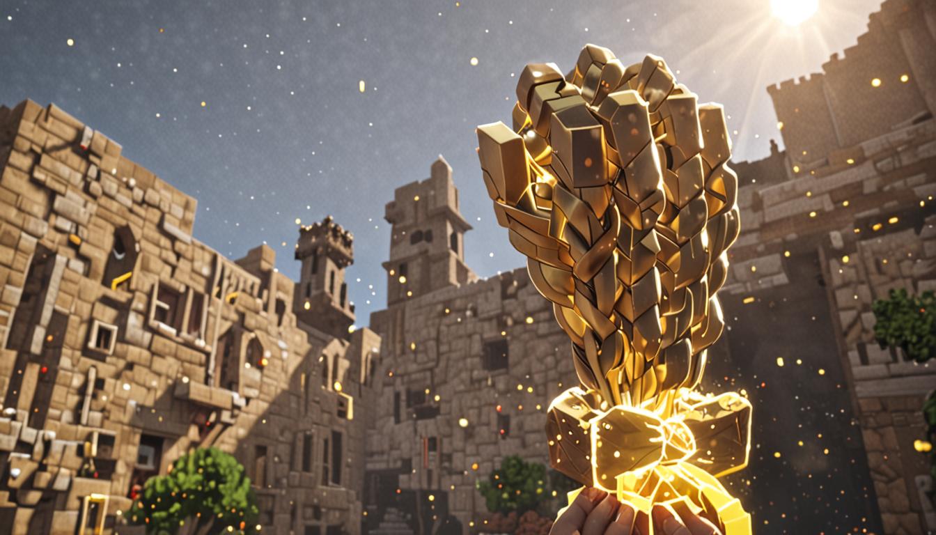 A Minecraft-style scene showing blocky, pixelated hands holding a glowing golden braid item that radiates intense light particles and sparkles in the signature Minecraft aesthetic. The braid is crafted from interlocking golden-yellow cubic blocks twisted together in a rope-like pattern, emanating bright yellow and white particle effects that illuminate the surrounding area. The scene captures the moment of triumph with the magical braid suspended in mid-air, its enchanted glow creating a warm amber and golden light that reflects off nearby blocky surfaces. In the background, subtle hints of a Minecraft enchanting room or potion brewing area with purple particle effects and blocky bookshelves can be seen, their pixelated textures catching the magical radiance. The braid itself pulses with friendship magic, shown through animated light rays and sparkle particles in classic Minecraft style, with the golden blocks of the braid appearing more luminous and saturated than normal gold blocks. The atmosphere conveys excitement and magical energy, with the warm glow creating dramatic lighting contrasts in the blocky environment, and small cubic light particles floating upward around the enchanted item in true Minecraft particle effect fashion.