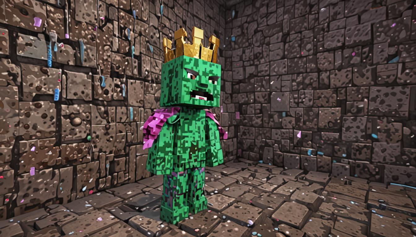 A Minecraft-style blocky zombie character with green pixelated skin wearing tattered purple robes stands in a stone brick dungeon chamber, mid-sneeze with his cubic head tilted back and square mouth wide open. His golden blocky crown with sharp geometric points is frozen in mid-air, flying off his head toward a dark cobblestone wall behind him. Bright pink particle effects and sparkles burst explosively from his rectangular nose in a cone-shaped spray, filling the air with glittering cubic particles. The zombie lord has watery, glossy eyes rendered in typical Minecraft style, with tears beginning to form at the corners of his blocky eye sockets. Multiple layers of pink sparkle particles scatter throughout the dungeon scene in various sizes, some closer to the camera and some farther away, creating depth. The lighting is dim and atmospheric with torch light casting orange glows on the stone walls, while the pink sparkles provide additional magical illumination that reflects off the wet stone floor. His arms are outstretched in the classic Minecraft zombie pose, with one hand near his face as if trying to cover the sneeze. More pink sparkle particles trail behind the flying crown, and additional sparkle bursts indicate this is one of many consecutive sneezes, with particle effects layering and overlapping in the air around the character's cubic head and upper body.
