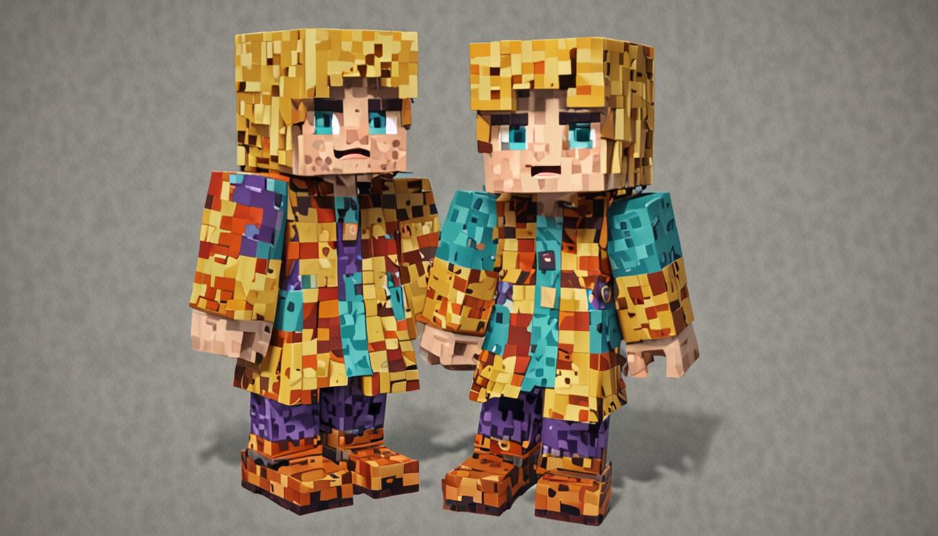 A Minecraft-style blocky teenage character with distinctive pixelated blonde hair rendered in chunky yellow blocks and square blue eyes made of bright cyan pixels, wearing a deep purple blocky robe textured with various colorful pixelated stains in green, orange, and red scattered across the fabric, feet showing mismatched footwear with one brown leather boot featuring stitched textures and one gray iron boot with metallic sheen and reflective surfaces. The character stands in the center of a classic Minecraft village square made of cobblestone blocks and oak wood planks, clutching a glass potion bottle filled with bubbling purple liquid that emits blocky particle effects - purple smoke clouds and yellow spark particles floating upward in pixelated streams. Surrounding the protagonist are multiple blocky Minecraft villagers with their characteristic large cubic heads, long angular noses, and brown robes, their pixelated faces showing various expressions through simple blocky eyebrow positions and mouth shapes indicating concern and amusement. The scene is bathed in bright Minecraft daylight with sharp shadows cast by the cubic buildings, featuring typical village structures like blocky houses with brown oak roofs, glass pane windows, and cobblestone foundations. The ground is textured with grass blocks showing the iconic green top surface with brown dirt sides, and the sky above displays the characteristic Minecraft gradient from light blue to deeper blue with square white clouds. Additional village details include wooden doors, torch lighting fixtures on walls, and flower patches with red poppies and yellow dandelions in their pixelated blocky forms, creating an atmosphere of mystery and comedic tension centered around the artifact-related potion mishap.