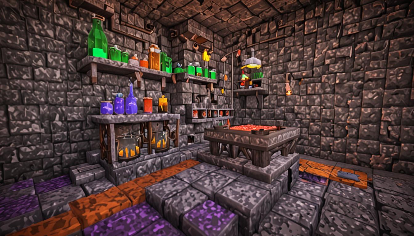 A chaotic Minecraft-style potion brewing station inside a blocky, pixelated stone room with a bubbling brewing stand at the center, featuring three glass bottles with colorful, glowing liquids in vibrant purple, green, and orange hues. The brewing stand is constructed from dark gray cobblestone blocks and a blaze rod, with pixelated flames underneath creating an animated glow effect. Scattered around the workspace are various Minecraft potion ingredients including blocky nether wart, glowstone dust particles, redstone dust, spider eyes, and magma cream, all rendered in the signature cubic Minecraft style. A large explosion of colorful particle effects erupts from one of the bottles, with blocky smoke clouds and sparkles in pink, yellow, and cyan spreading outward in a pixelated burst pattern. The stone brick walls show slight damage with cracks and missing blocks from previous failed experiments, and potion splash marks stain the floor in various colors. Wooden chests with open lids reveal more brewing supplies, while a crafting table sits in the corner covered with recipe books rendered as flat, blocky Minecraft book items. The lighting creates dramatic shadows from flickering torches mounted on the walls, casting an warm orange glow that contrasts with the cool magical luminescence emanating from the potions, capturing both the excitement and unpredictable chaos of potion-making experiments gone awry.