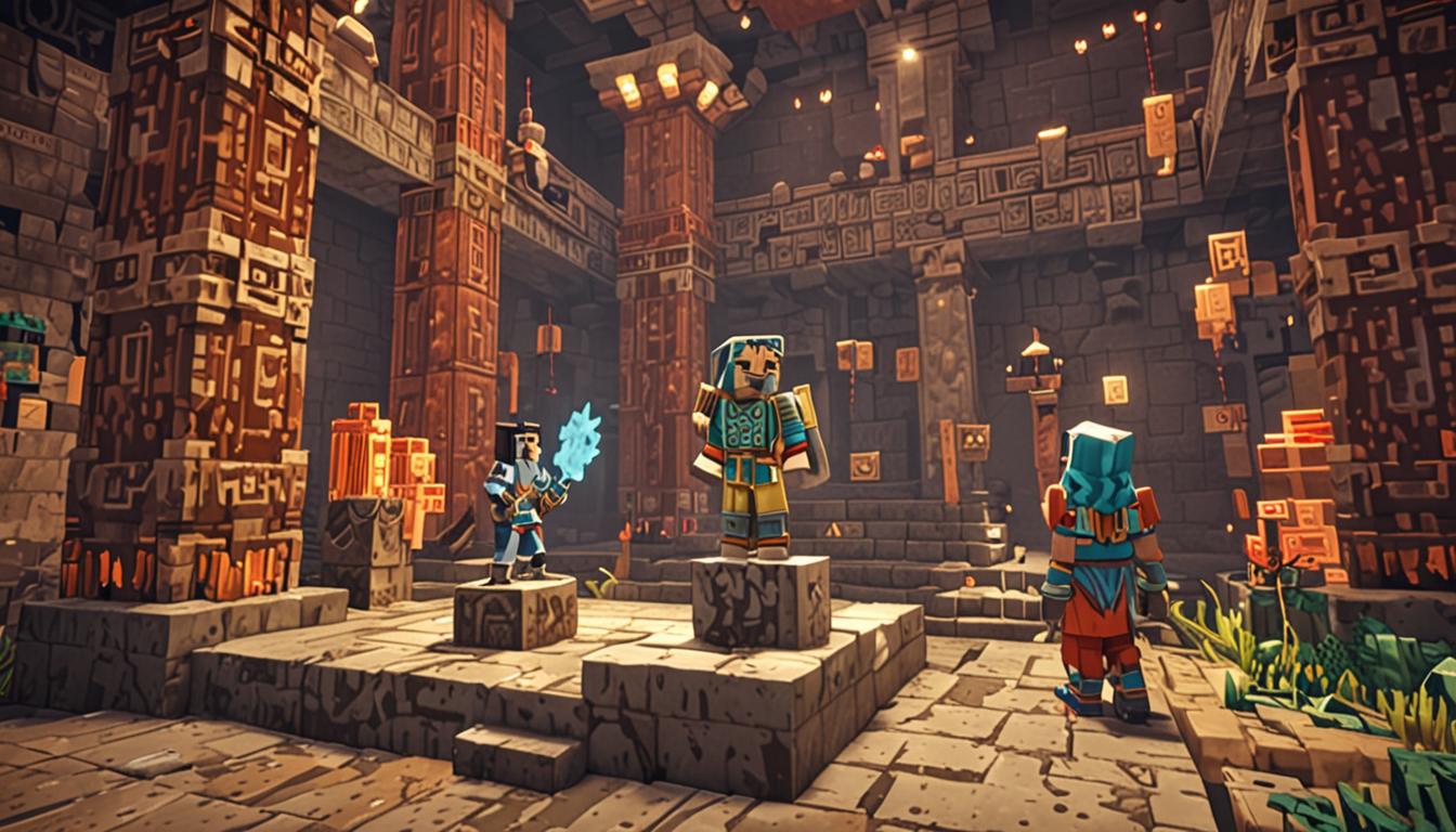 A Minecraft-style scene showing two blocky player characters meeting for the first time in an ancient temple chamber filled with mysterious artifacts. The first character, with excited body language and bright, colorful pixelated armor, is pointing enthusiastically at a glowing enchanted artifact floating on a stone pedestal between them. The second character stands nearby, their blocky form rendered in classic Minecraft Steve or Alex style, surrounded by ancient relics including pixelated golden crowns, emerald-studded tools, and mysterious glowing orbs on weathered stone shelves. The temple interior features characteristic Minecraft cobblestone and mossy stone brick walls with torch lighting casting warm, blocky shadows. Purple particle effects from the central artifact illuminate both characters' blocky faces, suggesting wonder and the beginning of friendship. Ancient Minecraft-style hieroglyphic patterns are carved into the stone blocks around them, and scattered throughout the scene are various legendary items like diamond swords, enchanted books with glowing pixels, and ornate chests. The atmosphere conveys excitement and discovery, with the lighting creating a sense of magical revelation as these two adventurers connect over their shared amazement at the artifact before them.