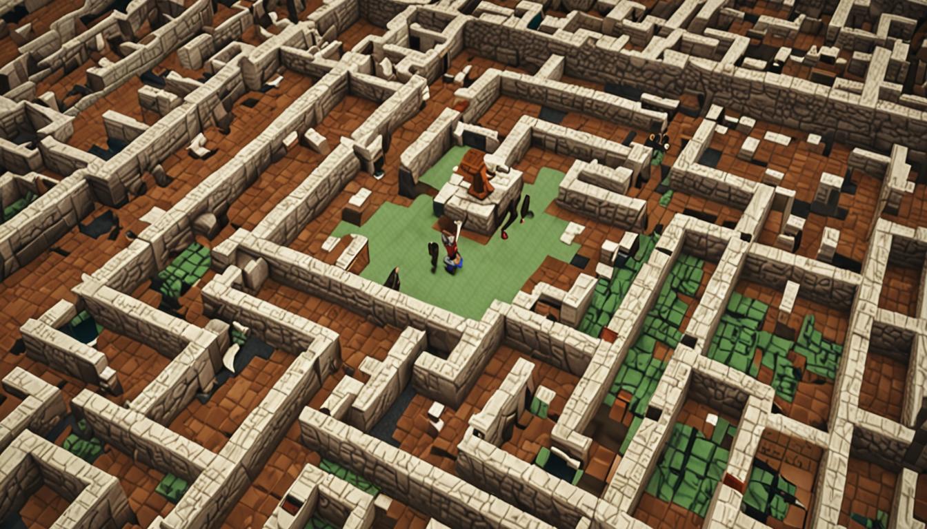 A Minecraft-style blocky scene showing two pixelated player characters navigating through a complex, maze-like environment with multiple intersecting paths and dead-end corridors made of various Minecraft blocks like stone bricks, cobblestone, and mossy blocks. In the foreground, one character holds an open pixelated book and quill item with visible brown leather binding and white pages, actively writing notes. Scattered throughout the winding paths are glowing clue markers - pixelated item frames containing mysterious artifacts, glowing redstone torches, and cryptic signs pointing in conflicting directions. The environment features looping pathways that spiral back on themselves, creating a disorienting labyrinth effect with stone walls, wooden fences, and overgrown vines. The lighting is dim and atmospheric with strategic torch placement casting blocky shadows, creating a mysterious and confusing atmosphere. Various Minecraft items are scattered as clues - enchanted books, compasses spinning erratically, maps with incomplete markings, and ancient artifact pieces like golden fragments and diamond shards. The second character points toward different directions looking puzzled, while the journal-holding character frantically scribbles notes, surrounded by a faint particle effect suggesting mental fog or confusion. The scene captures the essence of investigation and memory preservation in classic Minecraft blocky, voxel-based aesthetic with pixelated textures throughout.
