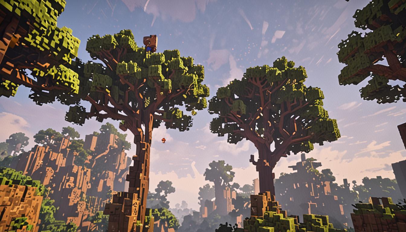 A Minecraft-style blocky, pixelated scene showing a player character named Jolene standing atop a tall, cubic oak tree with distinctive brown bark blocks and green leafy canopy blocks, her blocky avatar positioned on the highest branch scanning the horizon with her square hand shielding her pixelated eyes. In the far distance, mysterious purple particle effects and smoke columns rise dramatically from a dark swamp biome, creating an ominous purple haze against the cubic sky. The swamp biome features characteristic dark oak trees with thick trunks, lily pads floating on murky brown-green water blocks, and dense fog effects. In the foreground, another blocky player character trudges through deep mud blocks in the swamp, their cubic boots partially submerged in brown-tinted water and mud blocks, with splash particles around their feet. The muddy swamp terrain shows a mix of dirt blocks, clay blocks, and water blocks creating treacherous pathways. Jolene's character appears to be mid-jump between elevated grass blocks and tree roots, demonstrating her agility while the other character struggles below. The lighting creates a moody atmosphere with the purple smoke casting an eerie glow across the pixelated landscape, while the swamp's naturally darker lighting contrasts with the brighter forest area where the tall tree stands. Vines hang from swamp trees in blocky formations, and the overall scene captures the sense of mystery and adventure as the two blocky characters investigate the suspicious purple phenomenon in the distance.