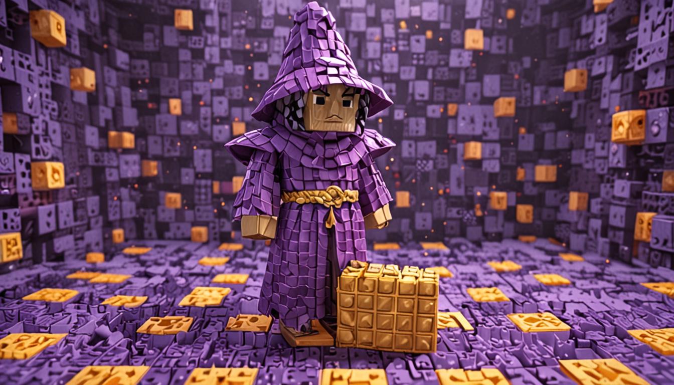 A Minecraft-style blocky wizard character named Wafflepants standing in a mystical scene, wearing an oversized puffy purple robe made of cubic Minecraft blocks with golden waffle patterns textured across the fabric in pixelated squares that appear to bounce and shimmer. His witch hat is crafted from purple wool blocks, dramatically tilted and crooked to one side with a pointed tip made of stacked cubic blocks. His extraordinarily long gray beard flows down in blocky, stair-stepped segments with glowing purple potion bottles braided throughout - each bottle rendered as small rectangular Minecraft glass blocks filled with luminescent purple liquid that casts magical particle effects. The wizard has a grumpy, frowning pixelated face with angular features typical of Minecraft character models. Perched on his cubic shoulder sits a black cat named Mr. Pickles, rendered in classic Minecraft cat style with blocky ears, green pixelated eyes, and a perpetually grumpy expression matching its owner. The scene is lit with mystical purple ambient lighting that highlights the enchanted artifacts and creates an atmosphere of powerful but comical magic, with purple particle effects floating around the character. The background shows hints of a magical workshop or enchanting room with Minecraft-style bookshelves, brewing stands, and mystical blocks, all maintaining the signature cubic, low-resolution aesthetic of Minecraft while emphasizing the absurd yet intimidating appearance of this artifact-obsessed wizard.