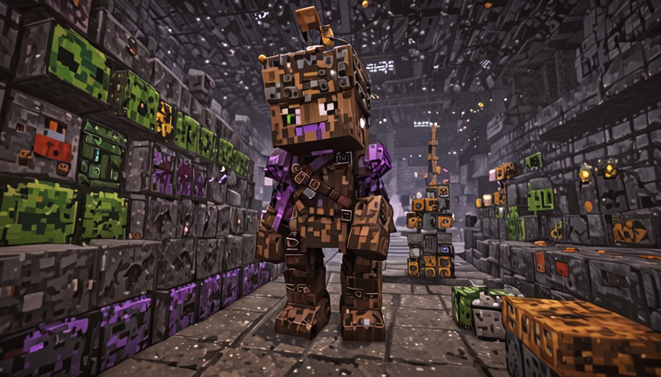 A menacing Minecraft villager character named Wafflepants stands in a dark, ominous underground laboratory built from blackstone and dark oak blocks, surrounded by massive brewing stands with purple and green bubbling potions labeled as amnesia-inducing concoctions. Multiple confused Minecraft chickens with tiny blocky iron helmets waddle chaotically around the scene, their beaks clutching bright green pixelated emerald gems. In the background, a colossal mega-brewing station constructed from netherbrite blocks, redstone circuits, and glowing brewing stands towers overhead, with swirling purple and black particle effects emanating outward to represent the spreading amnesia spell. Scattered throughout the laboratory are piles of stolen emerald blocks creating an eerie green glow, while frightened Minecraft villagers can be seen through barred windows in the stone brick walls. The lighting is dramatic with contrasting shadows, featuring ominous red and purple ambient lighting from the brewing stations, creating a sinister atmosphere. Wafflepants has an evil expression with glowing red eyes, wearing a dark hooded robe made of black wool blocks, standing triumphantly before his diabolical contraption with arms raised. The entire scene maintains the classic Minecraft blocky, voxel-based aesthetic with pixelated textures on every surface, from the cobblestone floor to the oak wood support beams, capturing the essence of a villain's secret lair dedicated to eliminating laughter and joy from the Minecraft world.