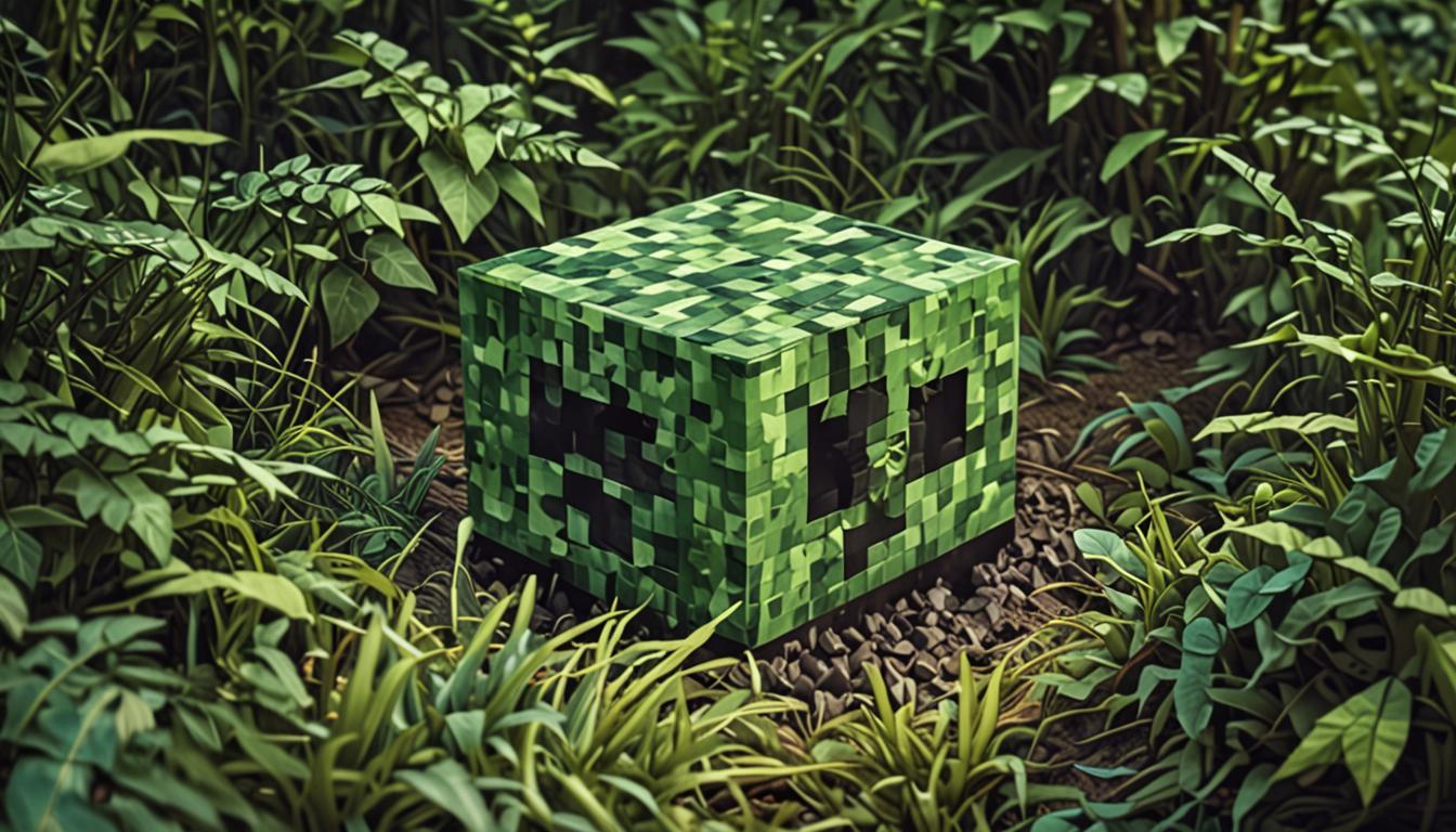 A legendary Minecraft-style Creeper Cap sitting prominently in the center of a mystical forest clearing, crafted with blocky pixelated textures in vibrant green colors with the iconic creeper face pattern woven into its fabric. The cap has a camouflage effect with pixelated grass-block patterns and leaf textures blending into it, emitting a faint magical glow with green particle effects surrounding it. In the background, a dense Minecraft oak and birch forest with blocky trees, tall pixelated grass blocks, and flowers creates a lush environment. To the side, a wooden alchemy stand with colorful potion bottles in strange hues - purple, orange, and neon green - sits on a crafting table, representing failed potion attempts with bubbling particle effects. The scene is lit with dappled sunlight filtering through the blocky canopy, creating dramatic shadows on the grass blocks below. A sense of urgency and adventure fills the atmosphere as mysterious fog particles drift between the trees. The Creeper Cap appears ancient and powerful, with enchantment glints sparkling across its surface, positioned on a moss-covered stone block pedestal. Small pixelated mushrooms and vines grow around the base, emphasizing the hidden, legendary nature of this artifact that holds the key to stopping an evil plan before the Grand Festival.