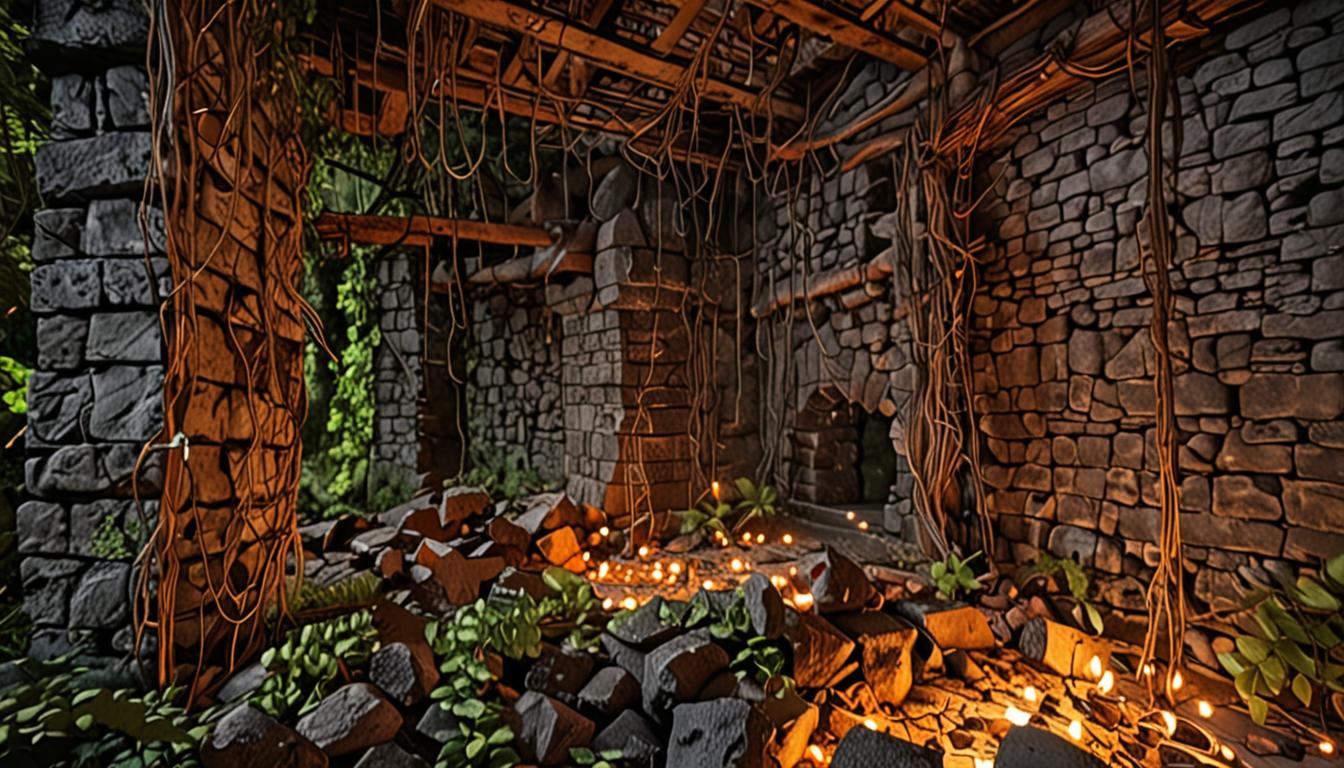 an abandoned mineshaft with dark cobblestone walls, flickering torch light casting orange glows on exposed coal ore blocks and iron ore blocks embedded in stone, wooden support beams crossing overhead with cobwebs stretched between them; a jungle temple structure overtaken by nature with mossy cobblestone blocks, thick pixelated vine textures hanging down the walls and covering ancient stone brick blocks, dense jungle foliage surrounding the structure with large blocky leaves; and a giant red mushroom biome featuring a massive mushroom block structure with red and white pixelated textures, the hollow interior visible showing brown mushroom stem blocks. Two Minecraft characters are visible - one character mid-jump reaching toward high ledges wearing typical blocky Minecraft avatar style, another character crouching near brown wooden chests on the ground examining their contents. The atmosphere transitions from the ominous darkness of the mine lit by sparse torches, to the bright filtered green light of the jungle canopy, to the peculiar reddish ambient glow of the mushroom biome. Scattered throughout are unopened wooden chests with iron latches, pickaxes, and the sense of an ongoing search quest. The entire scene maintains Minecraft's signature cubic, voxel-based aesthetic with sharp edges, pixelated textures, and blocky forms.