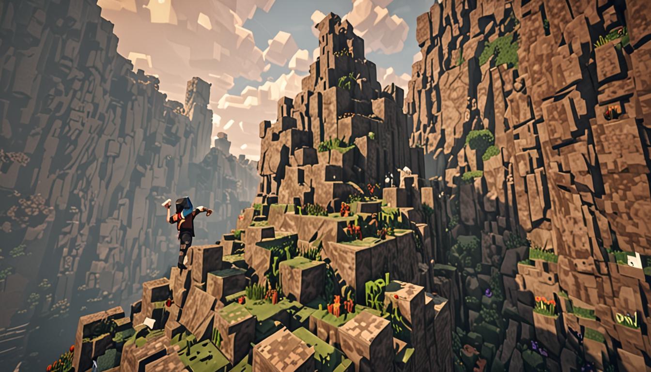 A dramatic Minecraft scene on top of a towering blocky hill with steep pixelated terrain, featuring two blocky Minecraft player characters - Jolene standing at the summit pointing excitedly with her cubic arm extended, and Avery climbing up the steep hillside below, their rectangular body positioned mid-climb on the angular stone blocks. At the peak of the hill, a mysterious cave entrance is partially concealed by hanging pixelated vine blocks in deep green tones and tall blocky grass blocks with their characteristic flat-topped texture. The cave opening reveals darkness within, rendered in deep black and dark gray stone blocks with the distinctive Minecraft cobblestone texture around the entrance. Jolene's character model shows an animated, excited pose with her square body appearing to bounce, while Avery's character displays a tired, determined climbing stance on the steep incline. The tall hill is composed of various earth-toned blocks including dirt blocks with their brown pixelated texture, stone blocks in gray, and patches of grass blocks with the iconic green top and brown sides. The scene captures the moment of discovery with dramatic lighting - bright sunlight illuminating the hilltop and the characters, while the cave entrance remains shadowed and mysterious. The surrounding landscape shows additional distant hills rendered in Minecraft's characteristic blocky, low-resolution style, with the pixelated sky visible in the background showing the typical Minecraft gradient of blue tones.