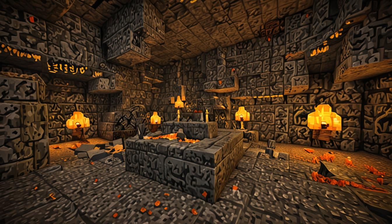 A dimly lit underground Minecraft cave chamber with rough, blocky cobblestone walls illuminated by flickering orange-yellow torches mounted on the stone surfaces. In the center of a small chamber sits a stone pedestal made of smooth stone blocks, upon which rests the legendary Creeper Cap of Camo - a pixelated, blocky helmet shaped exactly like a Creeper's iconic head with bright green cubic surfaces and distinctive black square patterns arranged in the classic Creeper face design. Delicate moss blocks and hanging vine blocks grow organically along the edges of the helmet, adding natural overgrowth details. The cave environment features layered stone block walls with varying shades of gray, creating depth as the tunnel extends into darkness. Torch light casts dramatic blocky shadows across the chamber floor, creating warm orange glows that contrast with the cool darkness of the deep underground setting. Small particles of dust or ambient cave atmosphere float in the torchlit air, and the overall scene captures the moment of discovery with the legendary green and black Creeper-styled helmet as the focal point, sitting prominently on its ceremonial stone pedestal with an aura of mystical importance in true Minecraft blocky, voxel-based aesthetic.