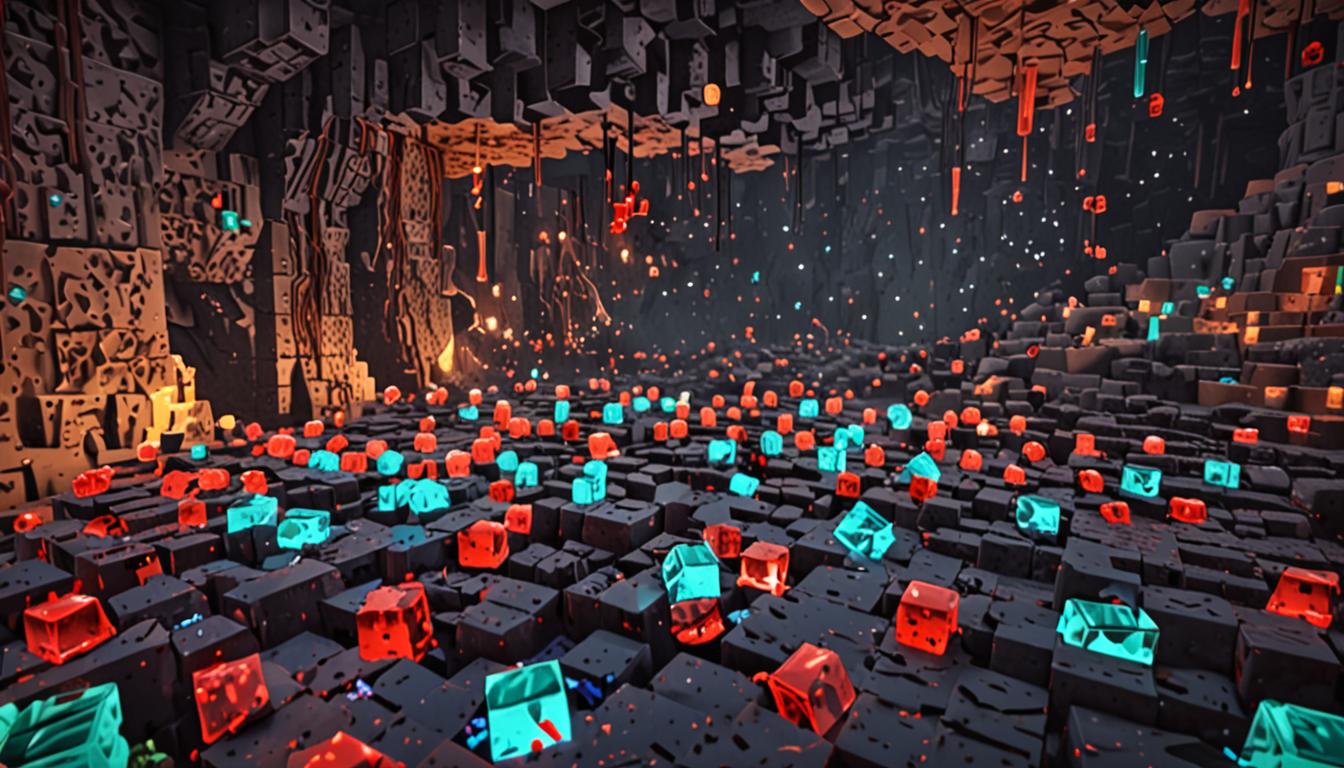 A dramatic Minecraft cave scene showing multiple blocky, pixelated glass potion bottles tipped over and spilling their contents across a dark stone cave floor. The potions are rendered in Minecraft's distinctive angular style with bright, glowing liquid colors - vibrant red potions, electric blue potions, luminous green potions, and deep purple potions - all flowing together and mixing into a large, swirling, multicolored puddle on the gray cobblestone and stone block floor. The potion bottles are classic Minecraft potion bottle shapes with their characteristic blocky glass texture and cork stoppers, some lying on their sides with liquid still pouring out. The cave walls are made of rough stone blocks, cobblestone, and patches of andesite, with dim torch lighting casting dramatic shadows and highlighting the glowing, magical liquids. The mixed potion puddle on the ground creates an ominous, swirling effect with all four colors blending together in a dangerous-looking pool, emitting particle effects and a faint magical glow. A leather or brown canvas bag lies knocked over nearby, its blocky Minecraft texture visible, with a few remaining potion bottles rolling away. The overall atmosphere is tense and chaotic, with the cave's darkness contrasting sharply against the bright, luminescent potion colors creating an urgent, dangerous mood fitting the artifact amnesia adventure theme.
