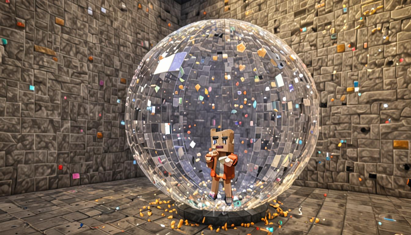 A massive translucent magical bubble with iridescent shimmery surfaces rendered in Minecraft's blocky, pixelated style, containing three blocky Minecraft characters - the narrator, Jolene, and a character named Wafflepants - all with cubic heads and bodies bouncing wildly inside. The bubble has a crystalline, prismatic quality with rainbow light refractions across its geometric faceted surface, creating a soap-bubble effect but with distinct Minecraft voxel edges. Outside the bubble, a black and white tuxedo cat (Mr. Pickles) rendered in Minecraft's signature blocky animal style is escaping, mid-leap with pixelated fur texture. The scene shows motion blur effects suggesting rapid bouncing movements - the three trapped characters are positioned at different heights and angles inside the sphere, their blocky limbs flailing, capturing the chaotic up-and-down, sideways, and circular bouncing motion. The bubble's interior glows with magical particle effects reminiscent of Minecraft potion particles - purple, pink, and turquoise sparkles floating throughout. The background suggests a Minecraft interior space with stone brick walls and wooden plank flooring visible through the translucent bubble walls. Green slime blocks are visible at the bottom of the scene, referencing the slime block trampoline comparison, with their characteristic sticky bright green pixelated texture. The lighting creates a magical atmosphere with the bubble casting colorful reflections on nearby Minecraft blocks, and brewing stands or potion bottles visible in the periphery, indicating the source of the magical mishap. The overall composition emphasizes the enormous scale of the bubble, the frantic energy of the bouncing characters inside, and the whimsical yet chaotic nature of the potion accident, all rendered in Minecraft's distinctive cubic, low-resolution aesthetic with sharp edges and pixelated textures throughout.