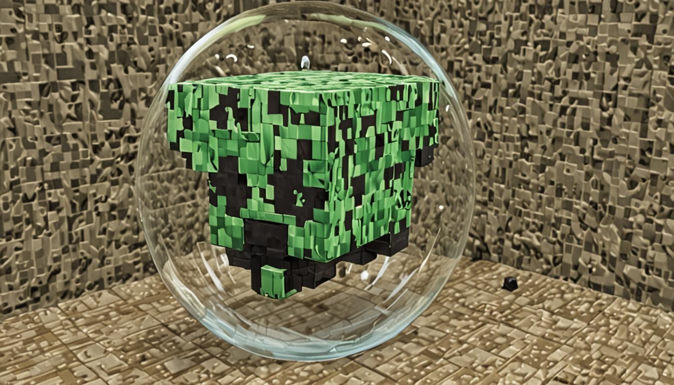 A Minecraft-style blocky, pixelated scene inside a translucent bubble showing a green and black Creeper-themed cap bouncing and floating in mid-air, with detailed cubic textures resembling a Creeper's face pattern on the cap's surface. The cap has the distinctive pixelated green coloring with black square patterns characteristic of Minecraft Creepers, rendered in a blocky, geometric style. A Minecraft player character with the typical blocky body and square head is shown mid-bounce, arms outstretched desperately trying to reach the elusive cap, their blocky form suspended in an animated bouncing motion. The interior of the bubble has a shimmering, translucent quality with subtle rainbow refractions rendered in Minecraft's cubic style. Multiple motion trails or afterimages of both the cap and character suggest rapid bouncing movements in different directions, creating a sense of chaotic, frantic energy. The background through the bubble shows faint cubic blocks and structures, slightly distorted by the bubble's curvature. Particles and small cubic sparkles float around inside the bubble, emphasizing the magical containment. The lighting creates dramatic shadows on the blocky surfaces, with urgent, tense atmosphere conveyed through dynamic angles and the desperate reaching pose of the character. The entire scene maintains Minecraft's signature low-resolution, voxel-based aesthetic with sharp edges and cubic geometry throughout every element.