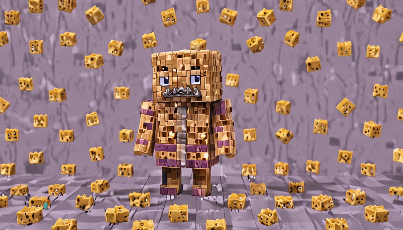 A Minecraft-style blocky scene showing a comical upside-down character named Wafflepants with pixelated angry facial features, wearing a distinctive brown and tan checkered waffle-pattern robe with blocky cubic texture, bouncing within a large translucent purple bubble made of connected cubic blocks with slight transparency effects. The elderly character has a cubic blocky head with gray pixelated beard and furrowed eyebrows, positioned upside down with legs above head, creating a humorous bouncing motion effect. Outside the bubble barrier, a small orange tabby cat character named Mr. Pickles rendered in Minecraft's blocky style with cubic body parts, pixelated orange and white fur texture, green cubic eyes, and pink nose, pawing at the bubble's surface with raised blocky paw. The bubble wall shows slight ripple effects where the cat touches it, rendered in translucent purple-tinted cubic blocks. The character's mouth shows a subtle twitch at the corner, suggesting suppressed amusement despite the angry expression. The scene has warm Minecraft-style lighting with blocky shadows cast on the ground, pixelated grass blocks beneath, and the entire composition maintains the signature cubic, low-resolution aesthetic of Minecraft with visible block edges and pixel art textures throughout all elements.
