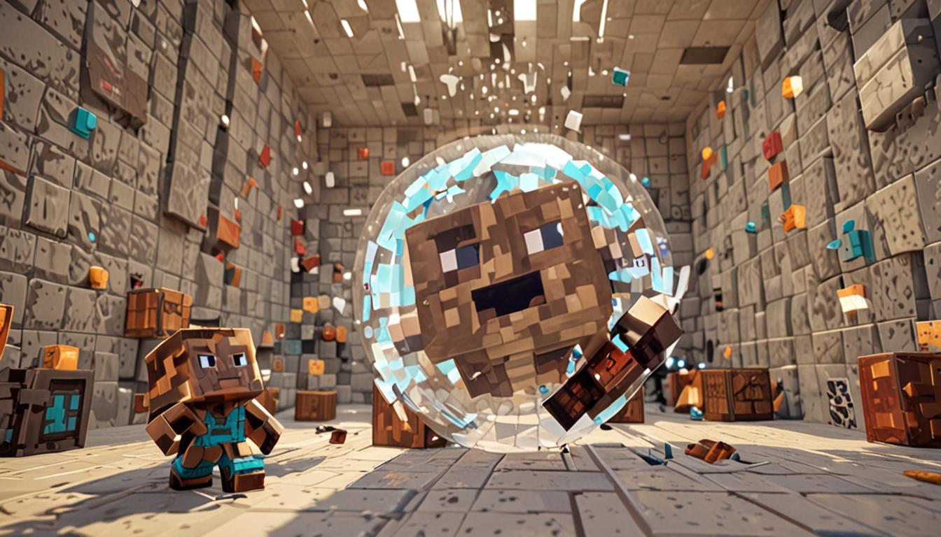 A Minecraft-style blocky character with cubic features bouncing inside a massive translucent bubble made of pixelated, shimmering blocks with iridescent surfaces reflecting light in angular, geometric patterns. The character has their blocky eyes closed in concentration while suspended mid-bounce, their cubic arms clutching a brown pixelated leather bag that's partially open, revealing glowing potion bottles with swirling, luminescent liquids in vibrant colors - purple, blue, and golden amber. Another blocky Minecraft character named Wafflepants is also trapped within the same giant bubble, shown with a frustrated expression made of simple pixel blocks, unable to move freely. The bubble's interior shows motion trails in blocky, pixelated streaks suggesting the bouncing movement. Small particle effects in cube shapes float around inside the bubble, representing the scent of potion ingredients - tiny pixelated herbs, glowing dust particles, and magical essence all rendered in the characteristic Minecraft blocky style. The scene has a magical atmosphere with ethereal lighting filtering through the translucent bubble walls, casting geometric shadows and highlights on the bouncing characters. The background visible through the bubble shows a blurred Minecraft landscape with distant cubic trees and blocky terrain, while the focus remains on the characters trapped inside this spherical prison that's actually becoming an opportunity.