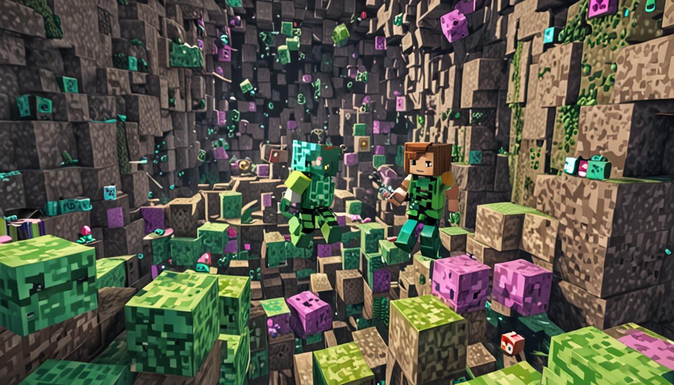 A dynamic Minecraft scene showing two blocky, pixelated player characters bouncing repeatedly in a chaotic slime block chamber with vibrant green translucent blocks beneath them. The first character, Jolene, has distinctive blocky features with bright, determined eyes and wears colorful parkour-style armor with purple and cyan accents, her cubic body mid-bounce with motion blur effects showing the bouncing trajectory. Nearby on the bouncy surface lies a unique Minecraft item called the Creeper Cap - a blocky, pixelated green headpiece with the iconic creeper face pattern of black pixelated squares forming eyes and mouth, glowing faintly with enchantment particles. The second character is positioned several blocks away, also bouncing, wearing alchemist-style robes in deep blue with golden trim, holding a brewing stand made of blocky dark stone with three potion bottle slots. In the background, a third blocky character named Wafflepants can be seen - a comical Minecraft villager-style figure with exaggerated cubic proportions wearing mismatched armor pieces. The entire scene is illuminated with Minecraft's characteristic lighting, featuring amber torch light casting blocky shadows, with purple and cyan particle effects swirling around suggesting magical memory-related enchantments. The slime blocks create a translucent green glow from below, and the stone brick walls show typical Minecraft pixelated texture patterns with mossy details, creating an underground chamber atmosphere filled with action and urgency.