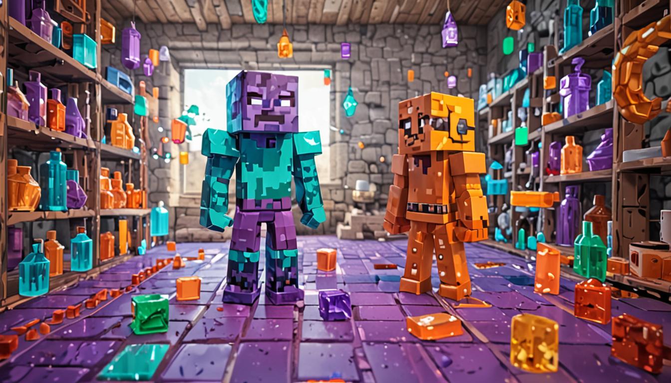 A Minecraft-style blocky character standing triumphantly in a pixelated potion laboratory, surrounded by colorful glass potion bottles with swirling liquids in vibrant shades of purple, green, blue, and orange. The character has a determined expression on their cubic face, wearing enchanted diamond armor with glowing cyan accents. Scattered around the blocky stone floor are various brewing stands with bubbling potions, some tipped over creating colorful splashes and particle effects. In the background, shelves made of oak wood planks hold rows of pixelated glass bottles, glowstone dust, and various potion ingredients like spider eyes, magma cream, and ghast tears, all rendered in the characteristic blocky Minecraft style. The scene is illuminated by warm torchlight and the magical glow from the potions, casting dramatic blocky shadows across the cobblestone walls. Broken potion bottles and spilled ingredients create a sense of chaotic experimentation, while a successfully glowing artifact sits on a central crafting table, emanating golden particle effects. The atmosphere conveys a mix of determination and accidental success, with the character's posture suggesting pride in their unconventional achievement.