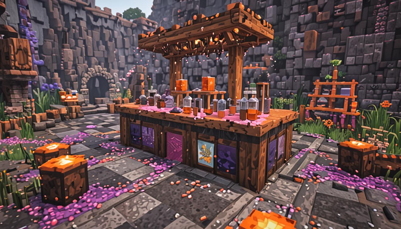 A Minecraft-style brewing station scene featuring blocky, pixelated brewing stands with multiple glass potion bottles in various unusual colors - swirling purple, bubbling green, fizzing orange, and mysterious pink liquids with particle effects rising from them. The brewing stand is crafted from dark cobblestone blocks with blaze rods, surrounded by scattered ingredient items including glowstone dust, redstone powder, spider eyes, and nether wart in their iconic blocky Minecraft forms. Colorful potion splash effects and sparkle particles float in the air around the bottles, creating an atmosphere of magical experimentation and discovery. The scene is lit by the warm glow of nearby torches mounted on stone walls, casting blocky shadows across wooden crafting tables covered with more brewing ingredients and empty glass bottles. In the background, wooden shelves hold rows of completed potions with different colored liquids, each bottle rendered in Minecraft's signature cubic, pixelated style with translucent glass textures reflecting light. The overall mood is one of excitement and wonder, with brewing bubbles, steam particles, and magical sparkles filling the air, emphasizing the unpredictable and thrilling nature of potion-making experiments where mistakes can lead to extraordinary discoveries.