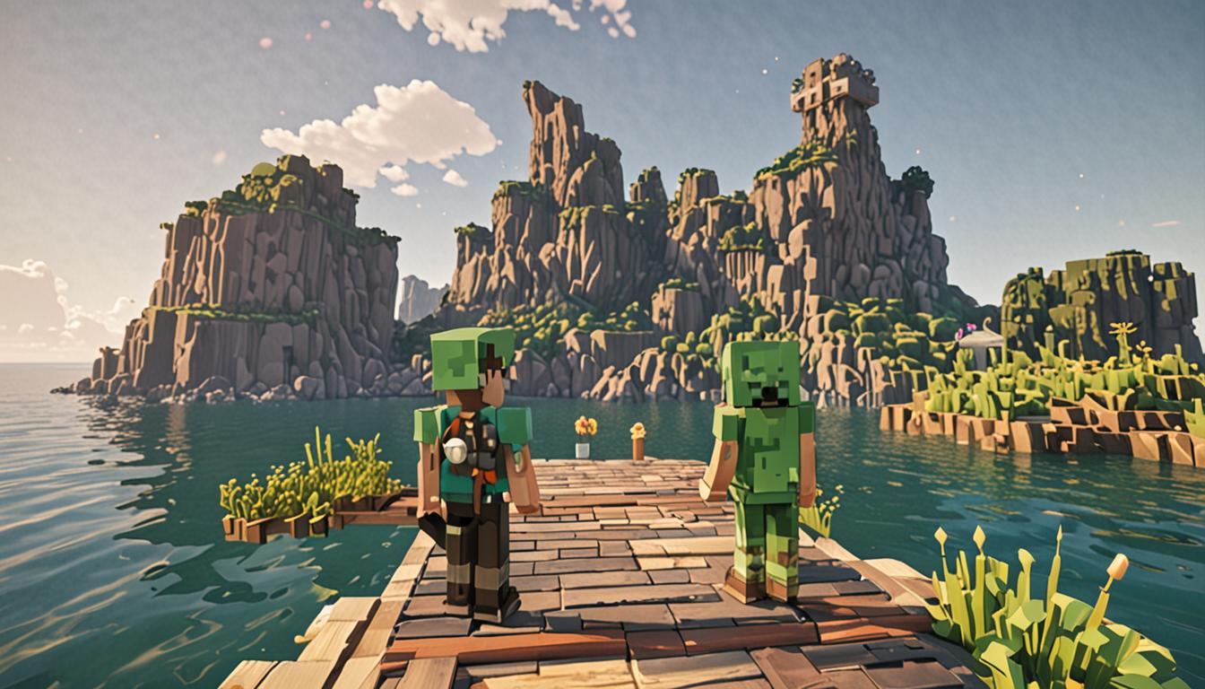 A Minecraft-style blocky scene showing two adventurer characters standing at a dock or shoreline, gazing toward a distant mysterious island on the horizon. In the foreground, the main character wears a distinctive pixelated green Creeper-themed cap with the iconic Creeper face pattern rendered in blocky textures. Their blocky Minecraft avatar has a leather bag slung across their shoulder, with colorful potion bottles visible - glass bottles in vibrant purple, orange, blue, and green hues with bubbling liquid effects, all rendered in chunky pixel art style. Beside them stands Jolene, another blocky Minecraft character with an excited expression, pointing toward the island. The mysterious island in the distance features pixelated palm trees and notably, several small green cubic slimes bouncing around, each wearing tiny golden crowns on their heads that glint in the sunlight - the crowns are blocky and pixelated with yellow-gold cube textures. The scene has warm, inviting lighting with a bright blue pixelated sky and cubic clouds. The water is rendered in classic Minecraft style with animated blue block textures. The atmosphere conveys excitement and adventure, with the characters' poses suggesting readiness for exploration. Additional details include a wooden dock made of oak plank blocks, some scattered item cubes nearby suggesting preparation for travel, and the overall composition captures the anticipation of an upcoming quest in true Minecraft blocky aesthetic.