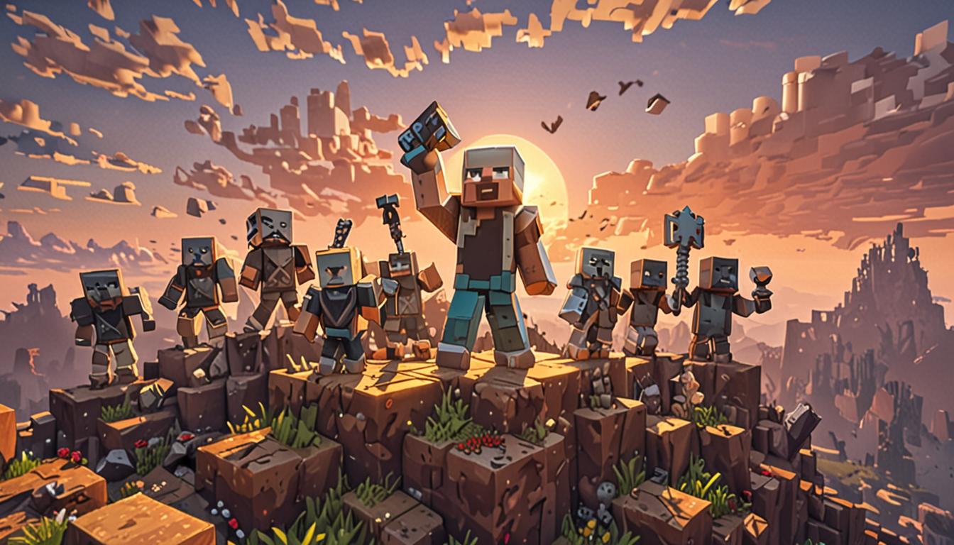 A triumphant Minecraft blocky character standing heroically on a pixelated hilltop at sunset, arms raised in victory pose, wearing diamond armor with slight scratches and dents showing their journey. The character has a distinctive clumsy, endearing appearance with slightly misaligned armor pieces. Surrounding the hero are several other blocky Minecraft characters of varying sizes - friends cheering and celebrating together, including a formerly grumpy-looking villager now smiling, all rendered in classic Minecraft cubic style. In the background, a vibrant pixelated Minecraft village glows warmly with torchlight, its blocky buildings intact and safe. Scattered around the scene are glowing purple and blue particle effects representing restored memories floating like fireflies in the air. The foreground shows a collection of important artifacts - enchanted books with shimmering effects, a mysterious ancient totem with geometric patterns, and glowing memory crystals rendered in translucent cubic blocks. The sky features dramatic blocky clouds in orange and pink sunset hues, with the signature Minecraft square sun setting on the horizon. The entire scene radiates warmth, friendship, and accomplishment through vibrant lighting and the gathering of diverse Minecraft characters in celebration, all maintaining the game's distinctive voxel-based, low-poly aesthetic with sharp edges and pixelated textures.