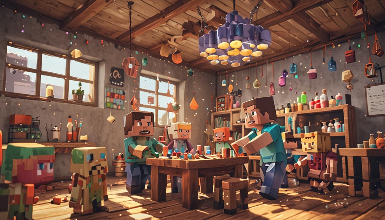 A blocky Minecraft classroom scene with a pixelated player character teaching a group of small Minecraft villager children gathered around a brewing stand, colorful potion bottles with cubic shapes scattered across a crafted wooden table, some bottles tipped over with pixelated liquid splashing out in geometric droplets. In the background, a thought bubble or memory cloud shows a chaotic scene of a large spherical bubble made of translucent blue blocks with a comical Minecraft character named Wafflepants - a blocky figure wearing a distinctive pixelated hat - bouncing wildly inside the bubble, his cubic hat repeatedly bonking against his square head in mid-bounce. The classroom has warm torch lighting casting orange glows on stone brick walls, with potion ingredients like pixelated spider eyes, magma cream cubes, and blocky mushrooms displayed on shelves. The young villager students have excited expressions with wide pixelated eyes and open mouths showing laughter, some pointing at the demonstration brewing stand where colorful smoke particles rise in blocky puffs. A spilled leather potion bag lies on the floor with various cubic potion bottles rolling out, creating a mess that somehow looks educational and fun. The entire scene captures the whimsical chaos of potion-making accidents in classic Minecraft blocky style with vibrant colors - purples, oranges, greens, and blues from the various potions contrasting against the earthy browns and grays of the classroom setting.