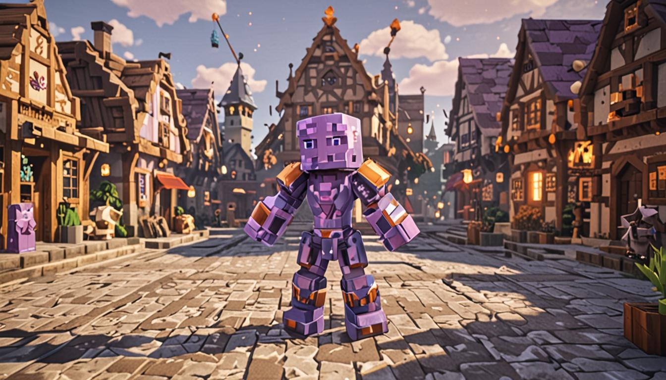 A Minecraft-style blocky character named Avery standing proudly in the center of a pixelated village square, wearing enchanted diamond armor with glowing purple potion effects swirling around them. The character has a confident pose with one hand raised, surrounded by several smaller blocky Minecraft villager children holding pixelated paper items representing autographs. In the background, a rustic Minecraft potion brewing stand with colorful glass bottles sits next to a wooden crafting table, symbolizing Avery's alchemist origins. The scene features warm, golden lighting suggesting triumph and achievement, with particle effects of sparkles and memory-themed glowing orbs floating in the air. On one side, a small, humble wooden starter house contrasts with Avery's current heroic appearance, representing their humble beginnings. The ground is made of cobblestone and grass blocks in typical Minecraft fashion, with some scattered potion ingredients like glowstone dust and nether wart rendered in blocky pixels. The atmosphere is celebratory yet humble, with warm sunset colors casting long shadows across the pixelated landscape, and enchantment table particles drifting through the air around the hero character.