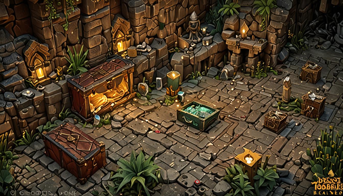 a detailed cave entrance with exposed stone blocks, ore veins of diamond and emerald glinting in torchlight, scattered treasure chests with golden clasps and pixelated lock mechanisms, and in the distance a partially visible jungle temple structure with mossy cobblestone blocks and intricate redstone mechanisms. Various recovered items are displayed around them including pixelated compasses, maps with brown leather edges and tan parchment centers, enchanted diamond tools with purple glowing enchantment particles, and golden artifacts. The lighting creates an adventurous atmosphere with warm torch glow contrasting against cool cave shadows, while green vines dangle from above and the blocky terrain shows multiple elevation levels perfect for parkour. Particle effects from potions create magical ambiance with bubbling brewing stands, splash potion impact marks, and lingering area-of-effect clouds in the Minecraft aesthetic.