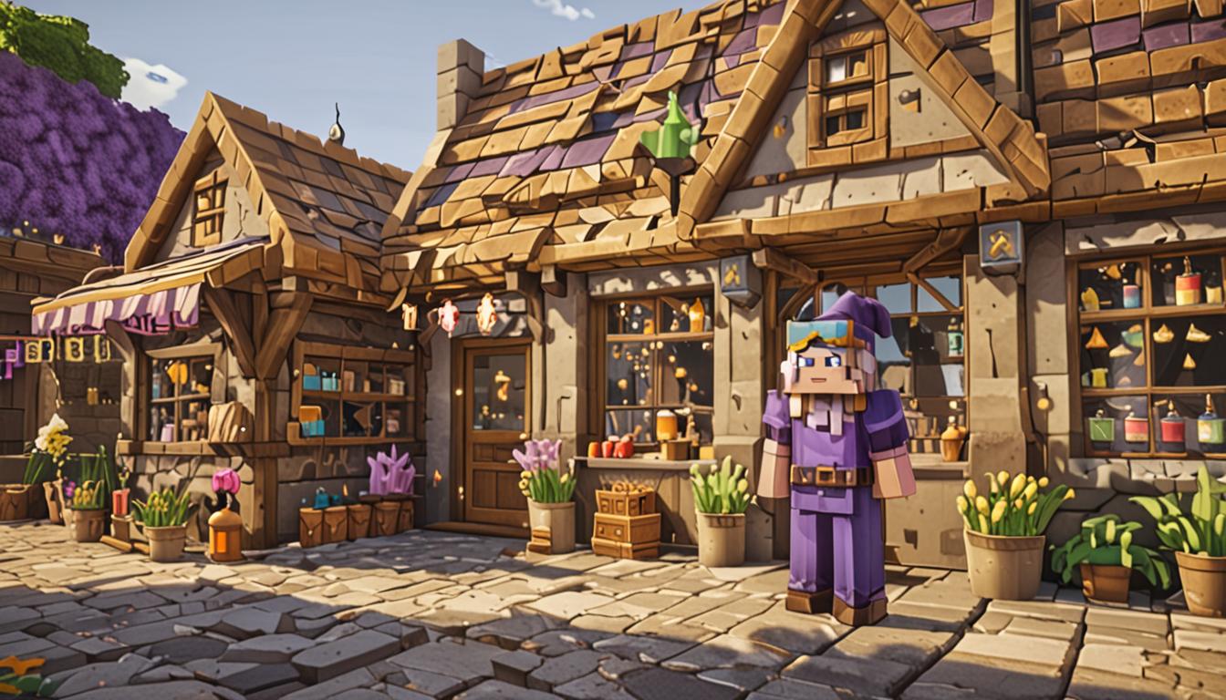 A charming Minecraft village square scene featuring a cozy blocky shop building with colorful pixelated potion bottles displayed in the windows, their glass textures catching the warm sunlight with distinct Minecraft lighting effects. In front of the shop stands a friendly Minecraft villager character with a wizard-like appearance, featuring blocky purple robes with golden trim, a pointed pixelated hat, and a wide smile rendered in classic Minecraft style. Beside him sits a small blocky pig companion with a red collar, its cubic form and pink pixelated texture clearly visible as young Minecraft villager children with their characteristic large heads and small bodies gather around to pet it. The shop interior visible through the doorway shows wooden shelves lined with glowing potion bottles in various colors - purple, blue, red, and green - each with the distinctive Minecraft potion bottle shape and bubbling particle effects. The village square features cobblestone pathways made of gray textured blocks, surrounding grass blocks with their vibrant green tops, and other cozy village houses with oak wood plank walls and dark oak roof blocks in the background. Colorful banners and pixelated flags hang from the shop's facade, and magical sparkle particles float gently in the air around the entrance. The atmosphere is warm and welcoming with bright daylight illumination casting blocky shadows, capturing a peaceful post-celebration village life with the reformed wizard character now integrated happily into the community, his shop bustling with activity and joy.
