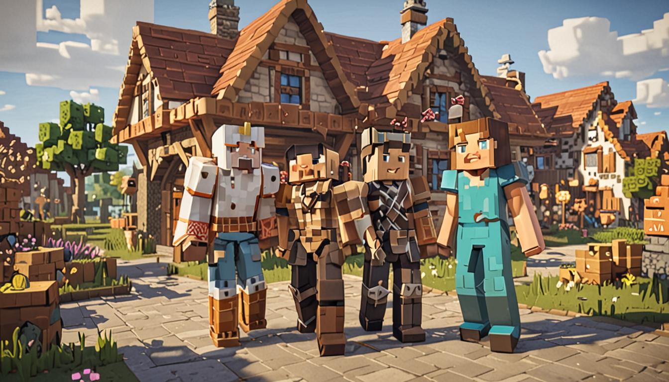 A heartwarming Minecraft scene showing two blocky characters standing together in a pixelated village setting - one character resembling a player with distinctive armor and the other being Jolene, a companion character with a cheerful expression rendered in classic Minecraft cubic style. In the background, a reformed villager character named Wafflepants with grumpy but softening facial features stands near a group of friendly villagers, all rendered in the iconic blocky Minecraft aesthetic with squared heads and bodies. The scene depicts warm golden lighting suggesting friendship and redemption, with pixelated particle effects of hearts floating between the characters. Minecraft-style village houses with their characteristic blocky wooden and cobblestone textures frame the background. Jolene is shown in a dynamic bouncing pose, with motion lines made of subtle pixel particles beneath her cubic feet. The ground is textured with grass blocks in the classic Minecraft green pixelated pattern. Small details include a crafting table and chest nearby, suggesting their adventuring partnership. The overall atmosphere conveys themes of friendship, kindness, and teamwork through warm color tones - oranges, yellows, and soft browns - all maintaining the signature blocky, low-resolution Minecraft visual style with visible cubic pixels and flat color blocks that define the game's aesthetic.