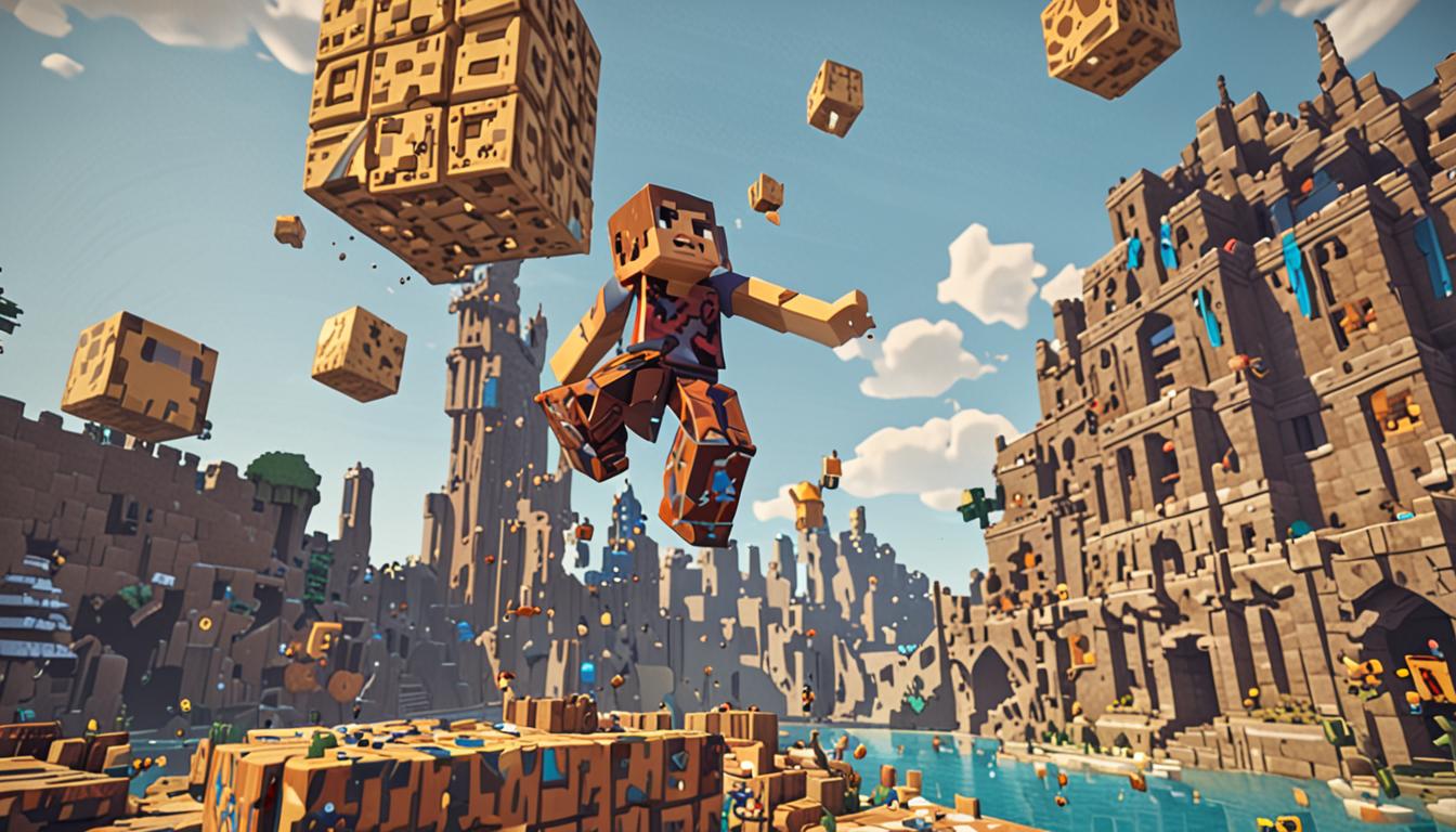 A vibrant Minecraft-style parkour arena scene with blocky, pixelated platforms and obstacles suspended in the air, featuring a victorious player character mid-flip performing an acrobatic victory celebration. The character has the distinctive cubic Minecraft body structure with blocky limbs frozen in a dynamic flipping pose. In the foreground stands a unique Minecraft witch character named Wafflepants, rendered in classic blocky style wearing a meticulously detailed waffle-patterned robe with golden-brown checkered square patterns across the cubic fabric. The witch's pointed hat sits perfectly straight on his blocky head, rendered in deep purple and black pixels. His cubic beard is neatly groomed and decorated with colorful pixelated flowers - red roses, yellow dandelions, and blue orchids - woven throughout the blocky beard texture instead of the typical potion bottles. Beside the witch sits a small pixelated cat named Mr. Pickles, featuring the classic Minecraft cat model with a tiny red bow tie accessory around its blocky neck. The background shows a festive Minecraft festival setting with colorful banner blocks, lanterns hanging from wooden beams, and cheering crowd of blocky Minecraft villagers and players with their cubic arms raised in celebration. The lighting captures a warm, celebratory atmosphere with golden sunlight filtering through, creating distinct Minecraft-style shadows and highlights on all the cubic surfaces and pixelated textures.
