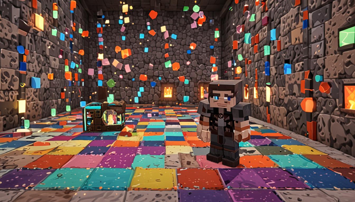 A Minecraft-style blocky scene showing a young player character in beginner's leather armor standing triumphantly in a pixelated potion laboratory, surrounded by knocked-over cubic glass potion bottles with colorful liquids spilling across blocky stone floor tiles. In the foreground, a large shimmering bubble potion with iridescent cubic particles floats and sparkles with magical energy. Behind the character, glowing memory fragments appear as floating golden cubic crystals suspended in the air. A villainous character named Wafflepants is trapped inside a massive translucent bubble made of connected blocky spheres, his arms flailing in a comical pose. The laboratory features typical Minecraft brewing stands with pixelated bottles, a crafting table with scattered ingredients, and shelves lined with cubic potion bottles in vibrant colors - purple, green, orange, and blue. Magical spell particles rendered as small glowing cubes swirl around the scene, being absorbed and nullified by the bubble potion's effects. The lighting creates a warm, victorious atmosphere with golden rays streaming through a blocky window, illuminating dust particles as cubic motes. An overturned leather potion bag lies on the floor with various pixelated ingredient items scattered around it - spider eyes, magma cream, and glowstone dust all rendered in Minecraft's signature blocky style. Memory orbs float throughout the scene as translucent golden cubes with swirling internal patterns, representing the saved memories of all the characters, creating an atmosphere of accidental heroism and magical triumph in classic Minecraft aesthetic.
