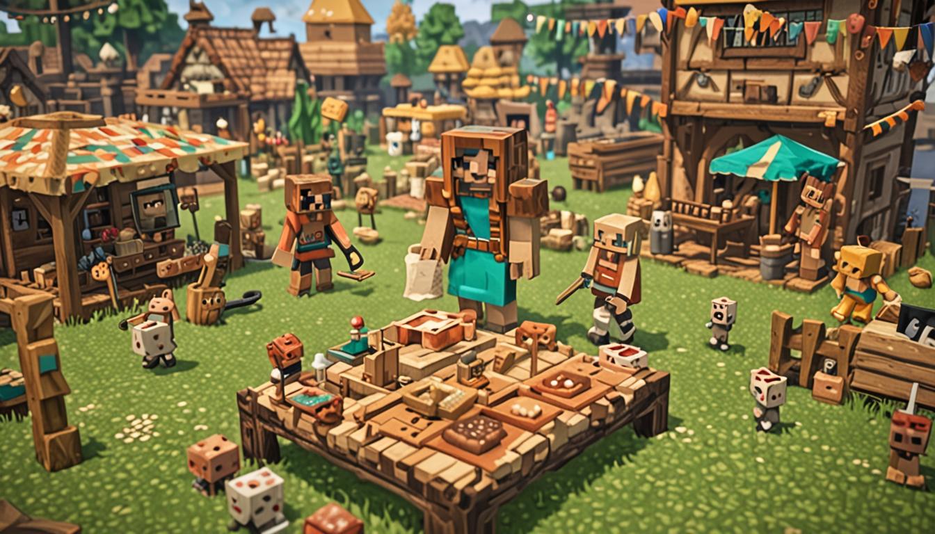 A vibrant Minecraft village festival scene in full celebration, featuring blocky, pixelated villagers with their distinctive square heads and long noses engaged in various activities. In the foreground, a Minecraft-style baker villager stands beside a crafting table displaying perfectly cubic, golden-brown cookies with pixelated chocolate chip textures. Nearby, a female blacksmith villager proudly displays gleaming diamond tools - a diamond pickaxe, sword, and axe - all rendered in the characteristic bright cyan-blue color with blocky, angular edges and subtle enchantment glimmers. A librarian villager with white robes holds open an enchanted book emitting purple and white particle effects, the book's pages showing the distinctive Minecraft enchantment table symbols. The village square is decorated with colorful wool banners in red, yellow, blue, and green hanging between blocky wooden buildings with oak plank walls and cobblestone foundations. Multiple brewing stands are set up for a potion contest, featuring glass bottles filled with shimmering, sparkly pink and purple liquids that emit glittering particle effects, surrounded by Minecraft ingredient items like nether wart, glowstone dust, and redstone dust in their iconic blocky forms. Wooden tables crafted from oak planks display an abundance of pixelated food items including blocky bread loaves, cubic cakes with white frosting and red berries, golden carrots, and cooked porkchops. Villagers gather around game areas with target blocks and hay bales set up for archery contests. The entire scene is bathed in warm, golden sunlight typical of Minecraft's lighting system, with long cubic shadows cast across the grass blocks. Festive torches and lanterns provide additional warm lighting, creating a joyful, celebratory atmosphere with the characteristic Minecraft color palette and blocky aesthetic throughout every element.