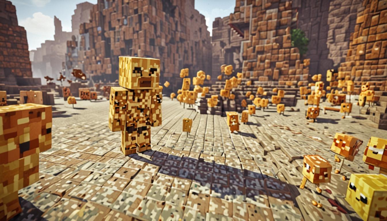 A Minecraft blocky character named Wafflepants standing in a dusty environment, wearing a distinctive pixelated robe with a waffle pattern texture made of golden-brown checkered squares. The character has the classic Minecraft humanoid shape with a blocky head, rectangular body, and cubic limbs. Surrounding him are several chickens wearing tiny blocky helmets made of iron or diamond material, scattered across the pixelated ground. Bright green emerald blocks and emerald items are scattered around the scene, glinting with Minecraft's signature shiny texture. The atmosphere shows dust particles rendered as small gray cubic blocks floating in the air. In the background, another Minecraft character stands nearby with a friendly expression, both characters displaying the game's characteristic blocky facial features. The lighting creates a warm, forgiving ambiance with soft shadows cast by the cube-shaped bodies. The ground is made of typical Minecraft terrain blocks like dirt and stone, with the waffle pattern on the robe clearly visible through alternating lighter and darker brown pixelated squares creating a grid-like breakfast waffle texture. The helmet-wearing chickens have their distinctive red combs and beaks in blocky Minecraft style, with metallic cubic helmets sitting atop their square heads.