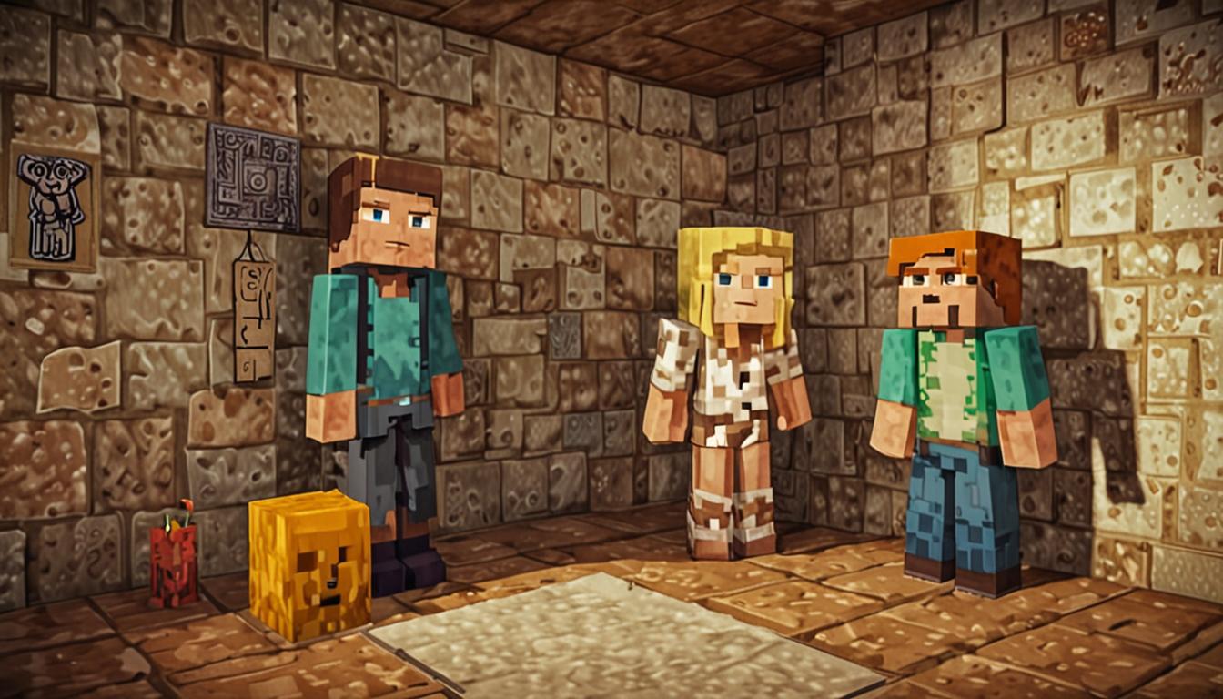A Minecraft-style blocky scene showing three pixelated characters in a warm, comforting interior setting with soft torch lighting casting gentle shadows on textured block walls. The central character, Wafflepants, stands with a slightly downcast blocky head, featuring the characteristic cubic Minecraft player model with unique clothing textures. Two other blocky Minecraft characters, one representing the narrator and another being Jolene, stand nearby with compassionate expressions shown through their pixelated faces. Jolene holds a glowing Minecraft potion bottle with swirling particle effects in vibrant purple and pink hues, the glass bottle rendered in the game's distinctive blocky style with translucent cubic pixels. The scene captures an emotional moment of friendship and acceptance, with warm ambient lighting from nearby torches mounted on oak plank walls. The characters' blocky bodies show detailed texture work - pixelated clothing with varied colors, cubic arms positioned in gesturing poses suggesting conversation and support. Small particle effects float around the potion bottle, rendered as tiny glowing cubes typical of Minecraft's particle system. The floor consists of smooth stone blocks in a checkered pattern, and in the background, wooden furniture pieces made of oak planks and crafting tables add depth to the cozy interior space. The overall atmosphere conveys warmth, friendship, and emotional support through the careful positioning of the three cubic characters and the soft, golden lighting that illuminates their blocky forms.