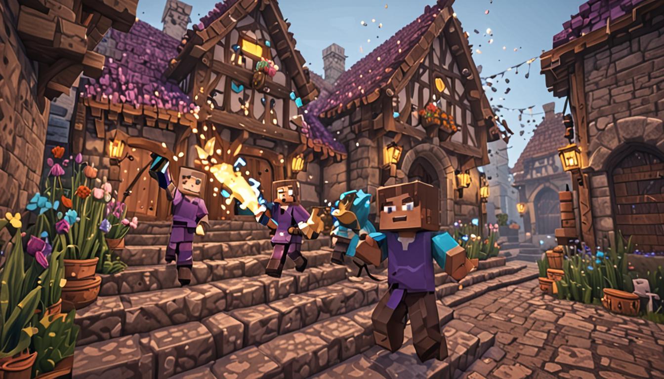 A jubilant Minecraft village scene bursting with celebration and recovered memories, featuring multiple blocky villager characters in their distinct professions experiencing moments of joyful realization. In the foreground, a librarian villager with brown robes holds glowing enchanted books with purple and blue particle effects emanating from them, standing near stone stairs leading to a torch-lit basement entrance carved into blocky cobblestone. To the side, a blacksmith villager in a black apron triumphantly raises diamond tools - a shimmering pickaxe, sword, and shovel with the characteristic bright cyan-blue diamond texture - above an open wooden storage chest with pixelated planks. A baker villager in white clothing clutches a written book recipe and displays freshly crafted cookies on a crafting table, with wheat and cocoa beans visible nearby. The village setting features classic Minecraft architecture with blocky wooden houses, cobblestone paths, and oak doors, all bathed in warm golden sunlight streaming through pixelated clouds. Particle effects of sparkles and light beams surround each villager, symbolizing their returning memories. The scene captures pure elation with villagers' characteristic blocky features showing excitement, their arms raised in celebration. Background elements include more villagers gathering around, bookshelves visible through windows, an anvil outside the blacksmith's building, and a smoking furnace, all rendered in Minecraft's signature cubic, pixelated style with sharp edges and vibrant, saturated colors that convey triumph and relief.