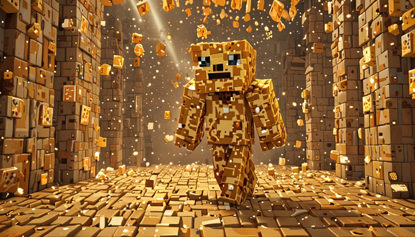 A Minecraft-style blocky character named Wafflepants stands in the center of a pixelated scene, surrounded by swirling golden particle effects shaped like stars. The golden stars are rendered in bright, glowing yellow and orange pixels, creating a magical sparkle effect that spirals around the character's cubic head. The character has a distinctly confused expression on their blocky face, with wide pixelated eyes and a puzzled mouth texture. Small glowing particles twinkle and shimmer in the air, creating trails of light in typical Minecraft particle-effect style. The character's body is composed of standard Minecraft player model blocks, with arms positioned at their sides. The background shows a soft, slightly blurred Minecraft environment with blocky terrain. A glass potion bottle with a golden liquid sits nearby on a pixelated block surface, still emanating faint sparkle particles. The entire scene has the characteristic low-resolution, cubic aesthetic of Minecraft, with all elements maintaining the game's signature blocky, voxel-based appearance. The lighting creates a warm, magical glow emanating from the swirling golden star particles, casting pixelated shadows on the character's face and illuminating the surrounding blocks with a soft amber hue.