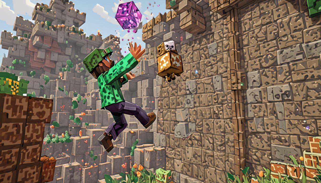 A dynamic Minecraft scene showing a player character mid-bounce wearing a distinctive green Creeper-themed cap with pixelated camouflage texture, launching through the air toward another blocky character named Wafflepants. The airborne player holds a glowing purple glass potion bottle with swirling particle effects, captured at the moment of impact as the liquid splashes across Wafflepants' cubic head in a burst of shimmering magical particles. Wafflepants appears startled, his blocky body showing surprise with wide pixelated eyes on his square face. The Creeper Cap features the iconic green and black pixelated pattern with a subtle transparency effect showing the camouflage ability fading. The background shows a typical Minecraft environment with grass blocks and the scene is lit with bright, vibrant lighting that emphasizes the action. Purple and blue magical particle effects swirl around the potion splash, creating trails of glowing cubic particles. Both characters are rendered in classic Minecraft blocky style with sharp edges and pixelated textures. The motion blur effect on the bouncing character suggests rapid movement while maintaining the game's signature cubic aesthetic. Small bounce particles appear beneath the jumping character, indicating the trajectory of the leap.