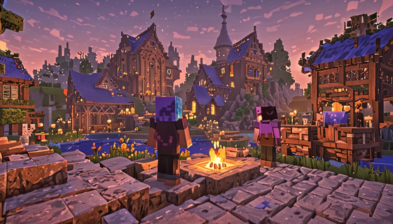 A Minecraft village scene at dawn with blocky, pixelated architecture showing multiple confused villager characters in their distinctive angular, cube-headed style. In the foreground, a librarian villager with brown robes stands near scattered enchanted books that glow with purple and blue particle effects, their blocky texture clearly visible. Nearby, a blacksmith villager in a black apron looks bewildered next to an empty crafting table and anvil, with diamond pickaxes and swords conspicuously missing from their usual spots on weapon racks. A baker villager in white attire stands by a pixelated furnace with cookies scattered on a blocky wooden counter, holding their square head in confusion. The village buildings feature classic Minecraft construction with oak wood planks, cobblestone foundations, and glass pane windows, all rendered in the game's characteristic blocky aesthetic. Question marks rendered as floating Minecraft-style particles hover above the villagers' heads. The lighting suggests early morning with soft orange and yellow tones casting blocky shadows across the dirt path village streets. In the background, more villagers wander aimlessly near a well and various workstations, creating an atmosphere of collective confusion and mystery. Enchanted items emit subtle purple glowing particles, and the entire scene maintains the sharp-edged, voxel-based visual style of Minecraft with its distinctive low-resolution textures and cubic geometry.