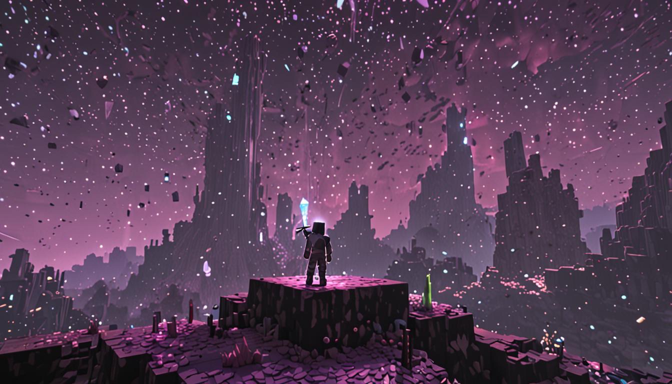 A Minecraft-style blocky scene depicting a pivotal moment of uncertainty and determination, featuring a pixelated player character standing at the edge of a dramatic End dimension landscape with swirling purple and black void particles. The character holds a blocky, glowing enchanted diamond sword with shimmering purple enchantment effects radiating from its cubic blade. Behind the character, a massive obsidian portal frame towers with its characteristic dark purple swirling portal texture, casting an ethereal glow across the checkered End stone ground. Floating End crystals sit atop obsidian pillars in the background, their cubic forms pulsing with bright pink and white light beams shooting upward into the starless void sky. The Ender Dragon's silhouette looms in the distance, its blocky wings spread wide against the dark purple gradient sky. Scattered around the scene are pixelated End rods providing stark white illumination, dragon's breath particles floating as small cubic purple motes, and shattered End stone blocks creating a sense of recent battle. The lighting creates dramatic shadows with the characteristic Minecraft ambient occlusion, emphasizing the weight of the moment and the character's contemplative stance facing an enormous challenge ahead.