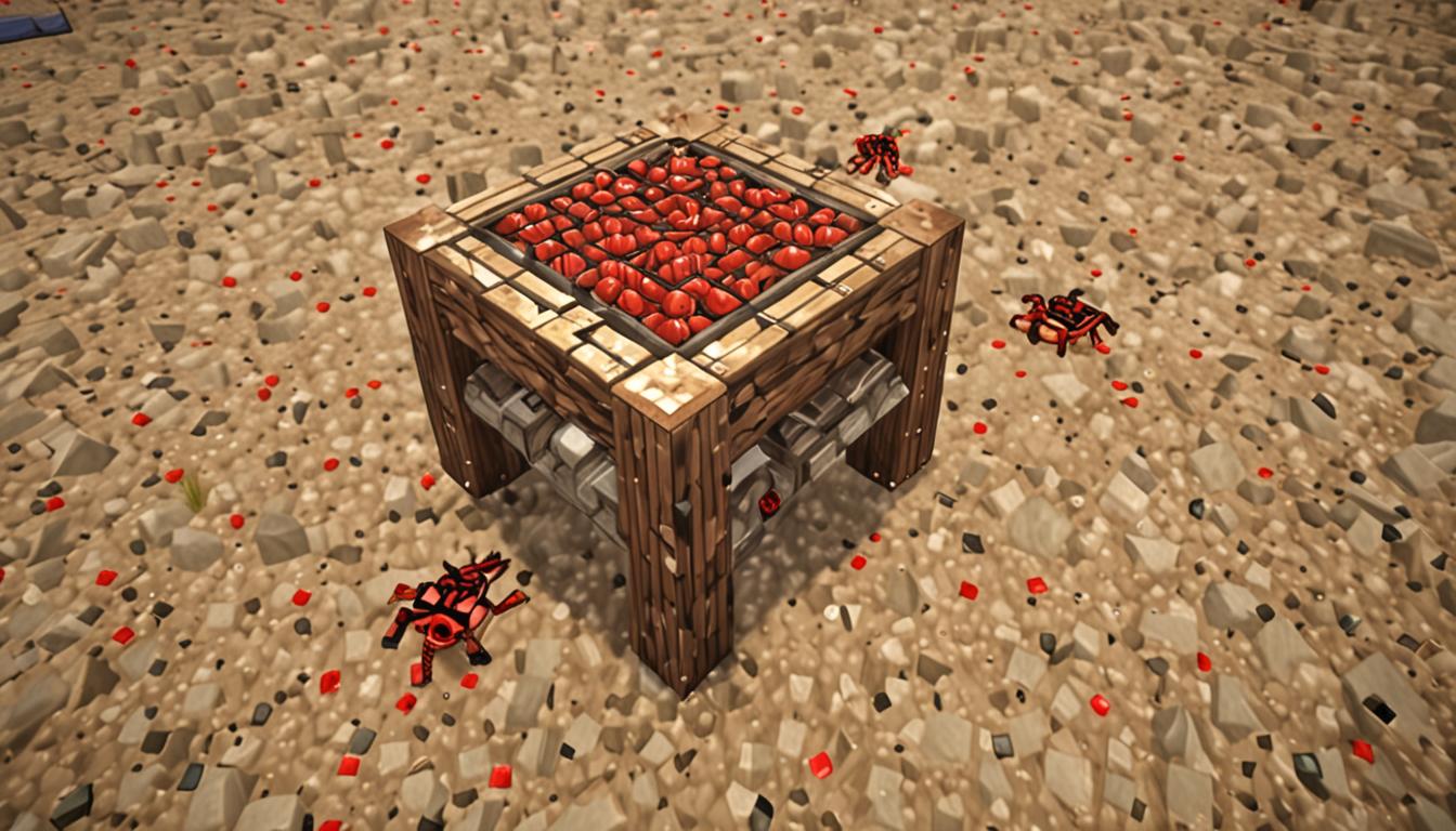 glowstone dust particles, redstone dust creating red pixelated sparkles, nether wart items, and spider eyes, all rendered in their iconic blocky Minecraft item forms. A wooden crafting table and a few glass bottles sit nearby on the cubic ground blocks. The atmosphere captures both determination and isolation, with the central villager's posture suggesting resilience despite the ridicule, while colorful potion particles float in the air around the brewing stand, creating an magical ambiance in the pixelated Minecraft environment.
