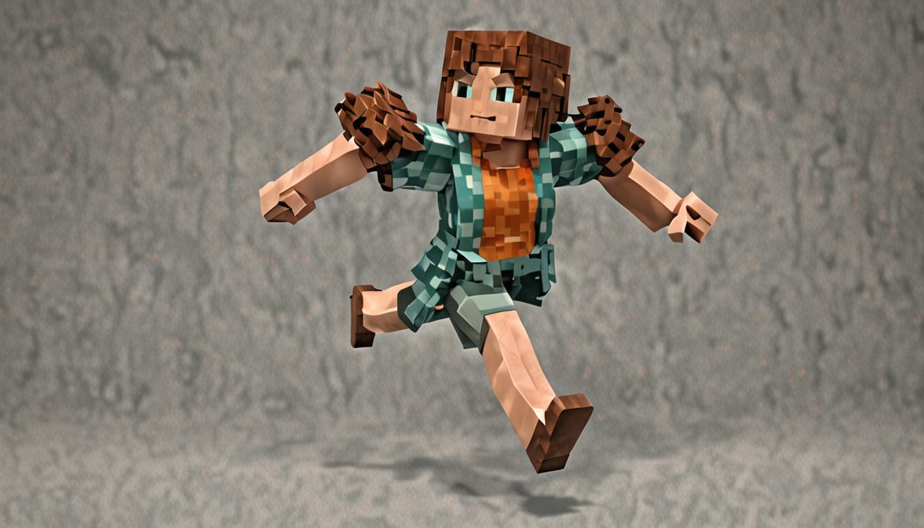 A Minecraft-style female character with blocky, pixelated brown hair that appears to be in mid-motion, with the hair blocks showing dynamic movement as she performs a jumping action. The character features the distinctive cubic Minecraft avatar design with segmented body parts - blocky head, torso, arms, and legs - all rendered in the classic low-resolution, voxel-based aesthetic. Her brown hair is composed of multiple brown-colored cubic blocks arranged to create a flowing effect, with individual hair blocks appearing to bounce and shift position to convey the motion of jumping. The character is captured in a dynamic jumping pose with legs bent and arms positioned to show upward momentum, set against a typical Minecraft environment that could include blocky terrain, pixelated grass blocks, or stone surfaces. The lighting emphasizes the cubic nature of the character model with sharp shadows cast by the geometric blocks, and the brown hair blocks catch light on their top surfaces while showing darker shading on the sides, creating depth despite the simple geometric forms. The overall scene maintains the signature Minecraft visual style with hard edges, no smooth curves, and a distinctly digital, game-like appearance where every element is constructed from visible cubic blocks.