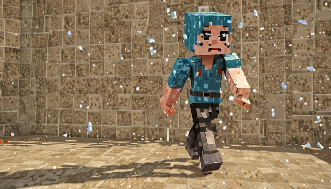 A Minecraft-style blocky character named Jolene with pixelated skin texture, featuring the characteristic square head and rectangular body of a Minecraft player model, captured mid-action with blocky arms positioned in a clapping motion, cubic hands meeting together with small particle effects emanating from the clap in typical Minecraft fashion. The character is shown bouncing upward with motion lines and jump particles beneath blocky feet, displaying an energetic and joyful pose with the character's pixelated face showing an excited expression. The scene is set in a Minecraft environment with signature blocky terrain, featuring cube-shaped grass blocks below and a pixelated sky background with Minecraft's distinctive color palette. The character wears typical Minecraft-style clothing with flat, texture-mapped surfaces showing fold lines and details in the blocky aesthetic. Small white particle effects trail from the character's movement, mimicking Minecraft's jump and movement animations, while the overall lighting creates sharp shadows characteristic of the game's rendering style, with the bouncing motion captured at the peak of the jump showing clear separation from the ground blocks below.